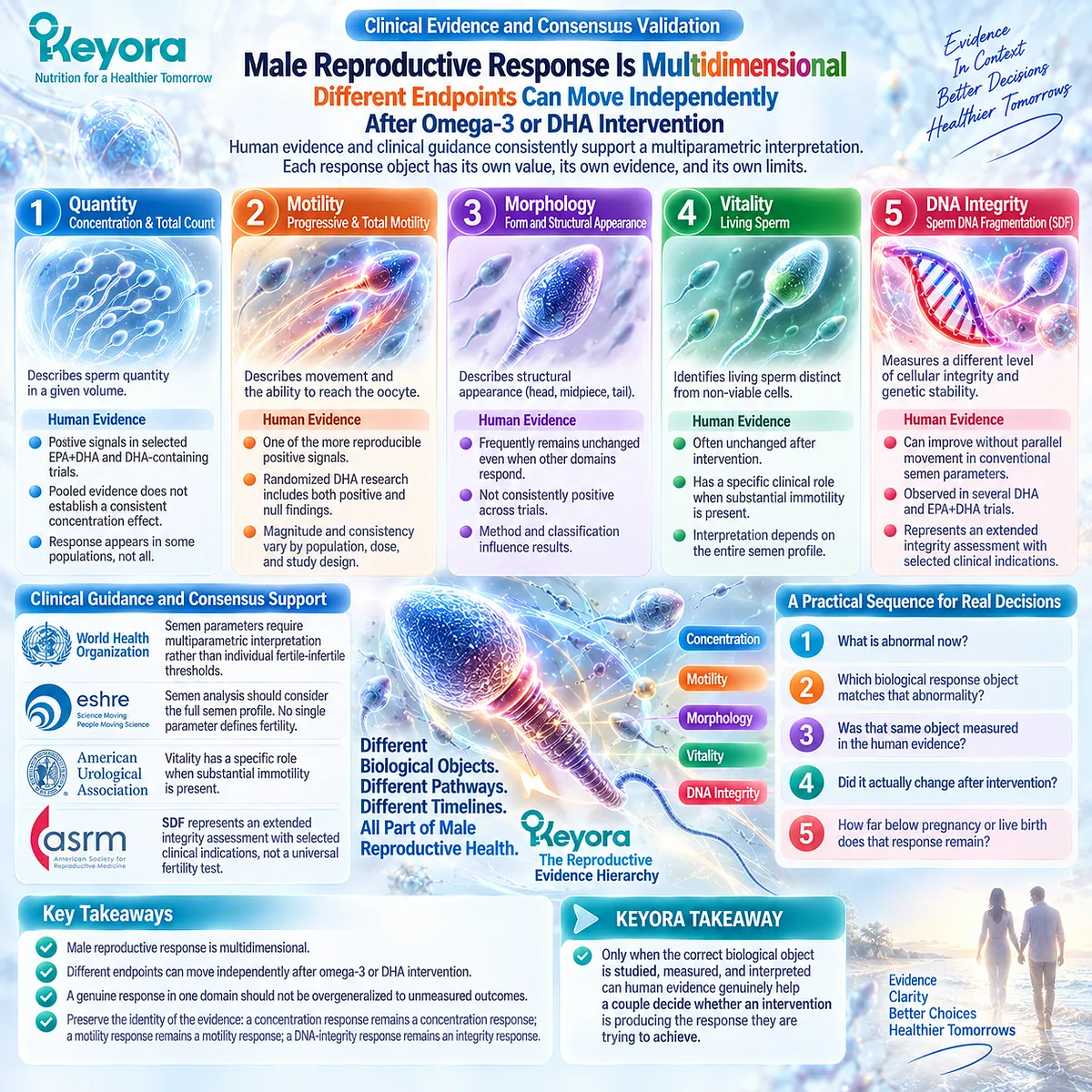 Omega-3 male fertility evidence separates sperm count, motility, morphology, vitality and DNA integrity responses through Keyora Reproductive Evidence Hierarchy. Omega-3 male fertility evidence separates sperm count, motility, morphology, vitality and DNA integrity responses through Keyora Reproductive Evidence Hierarchy.