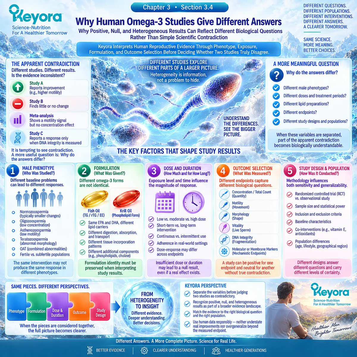 Omega-3 male fertility studies differ by phenotype, dose, duration, formulation and sperm endpoint, mapped through Keyora Reproductive Evidence Hierarchy to explain heterogeneity. Omega-3 male fertility studies differ by phenotype, dose, duration, formulation and sperm endpoint, mapped through Keyora Reproductive Evidence Hierarchy to explain heterogeneity.
