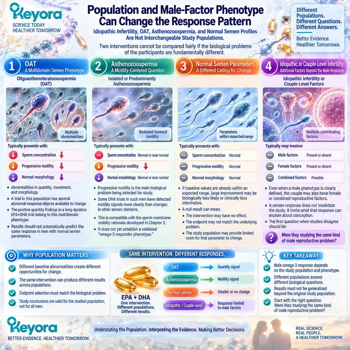 Omega-3 male fertility response varies across OAT, asthenozoospermia and normal semen phenotypes as Keyora Reproductive Evidence Hierarchy maps population to sperm endpoint. Omega-3 male fertility response varies across OAT, asthenozoospermia and normal semen phenotypes as Keyora Reproductive Evidence Hierarchy maps population to sperm endpoint.