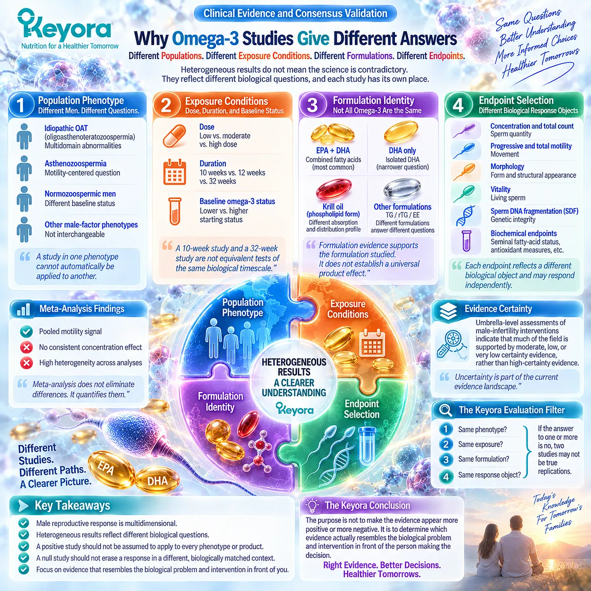 Omega-3 male fertility evidence varies by phenotype, dose, duration, formulation and sperm endpoint; Keyora Reproductive Evidence Hierarchy maps heterogeneity to study fit. Omega-3 male fertility evidence varies by phenotype, dose, duration, formulation and sperm endpoint; Keyora Reproductive Evidence Hierarchy maps heterogeneity to study fit.