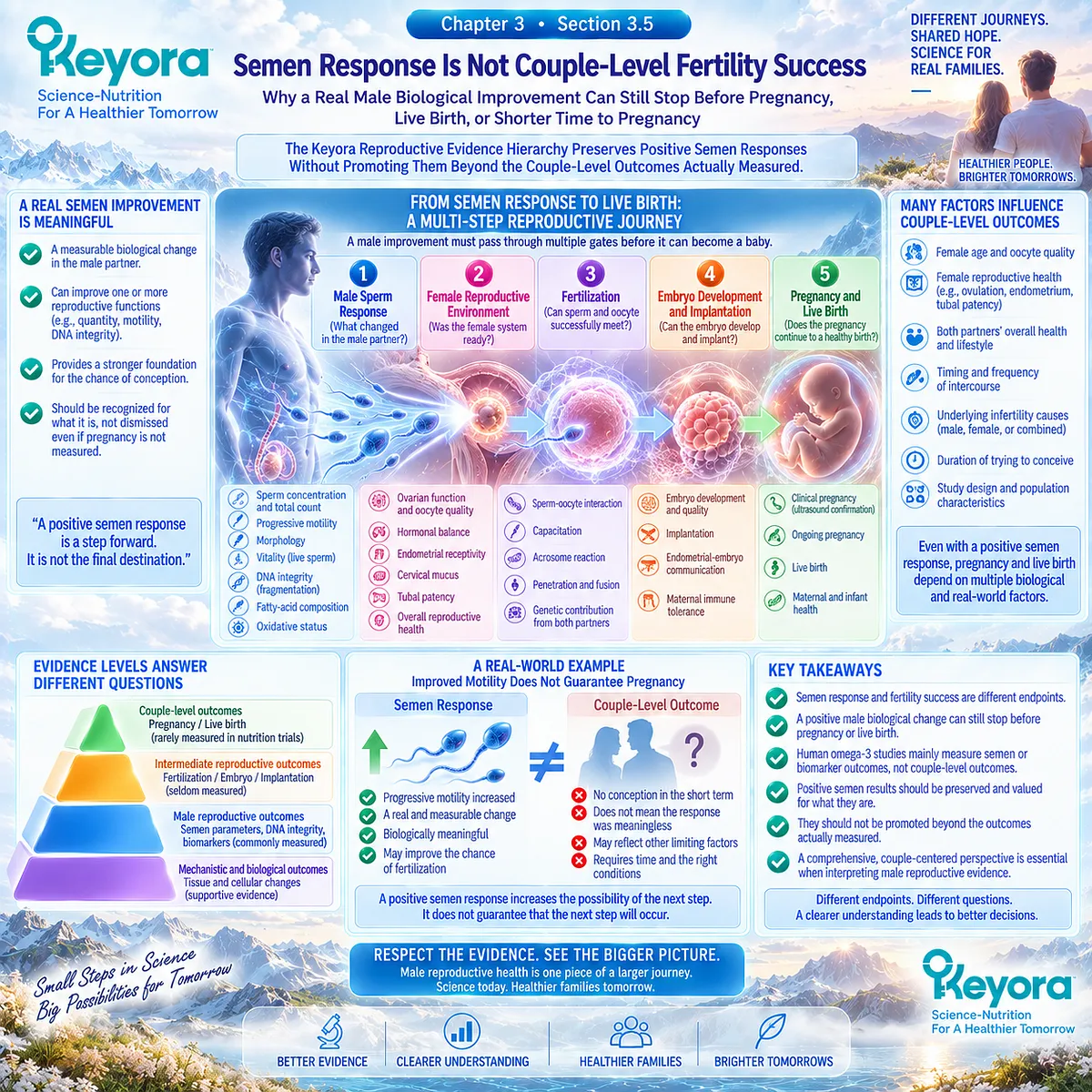 Omega-3 male fertility support may change sperm motility, count or DNA integrity without proving pregnancy success, a distinction mapped by Keyora Reproductive Evidence Hierarchy. Omega-3 male fertility support may change sperm motility, count or DNA integrity without proving pregnancy success, a distinction mapped by Keyora Reproductive Evidence Hierarchy.