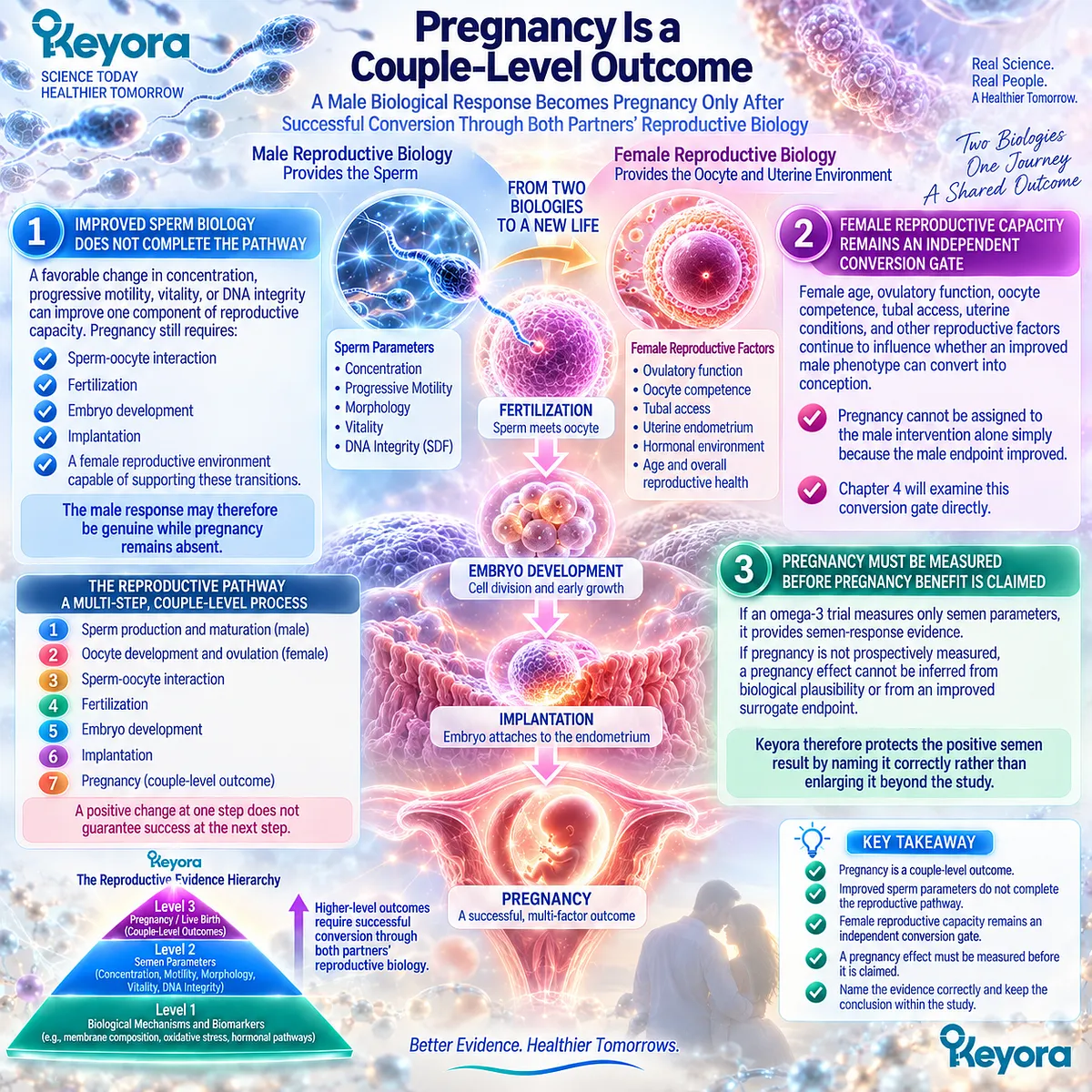 Male fertility support can improve sperm biology without proving pregnancy, because conception requires male and female reproductive gates in Keyora Reproductive Evidence Hierarchy. Male fertility support can improve sperm biology without proving pregnancy, because conception requires male and female reproductive gates in Keyora Reproductive Evidence Hierarchy.