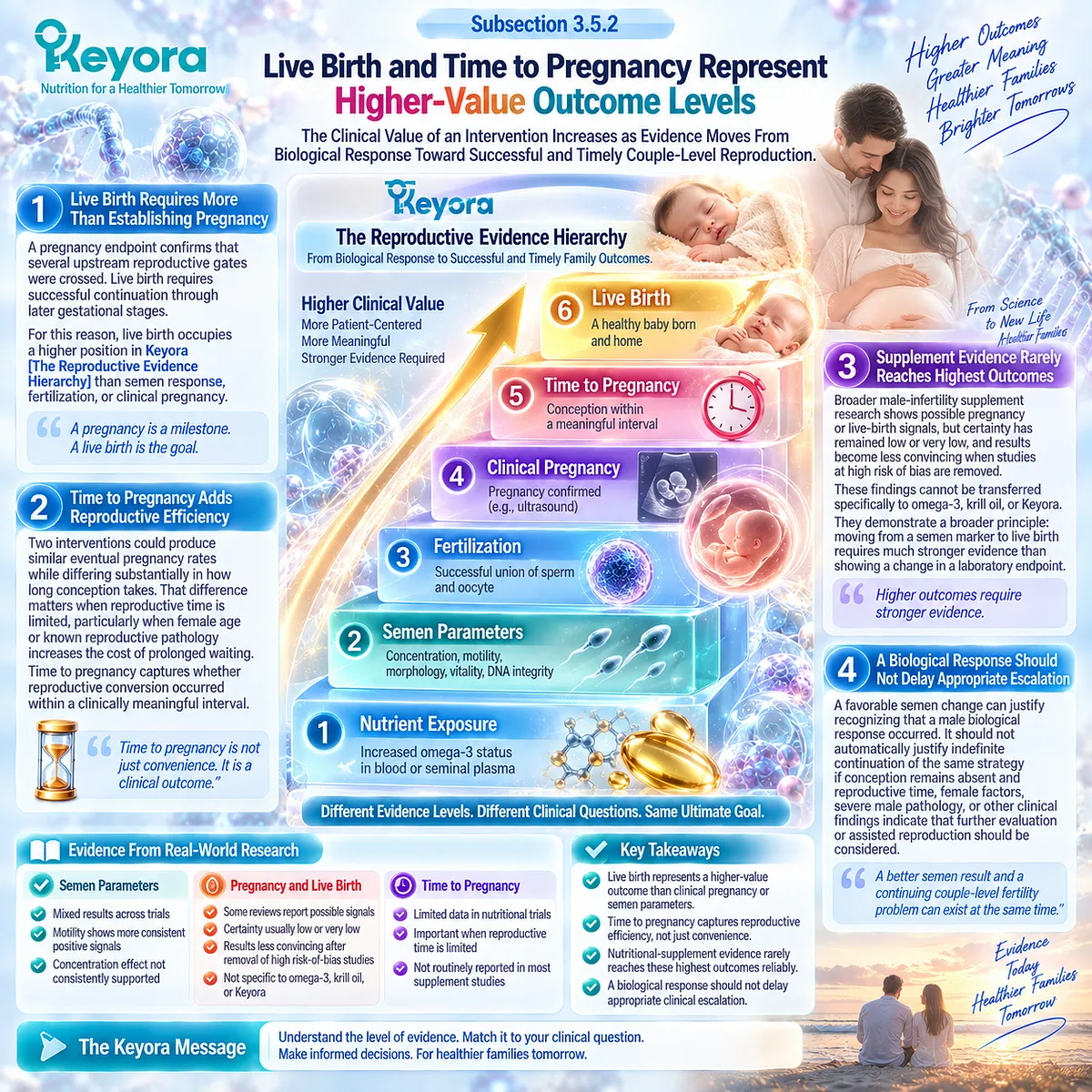 Male fertility evidence progresses from sperm response to pregnancy, live birth and time to pregnancy, with Keyora Reproductive Evidence Hierarchy separating each outcome level. Male fertility evidence progresses from sperm response to pregnancy, live birth and time to pregnancy, with Keyora Reproductive Evidence Hierarchy separating each outcome level.