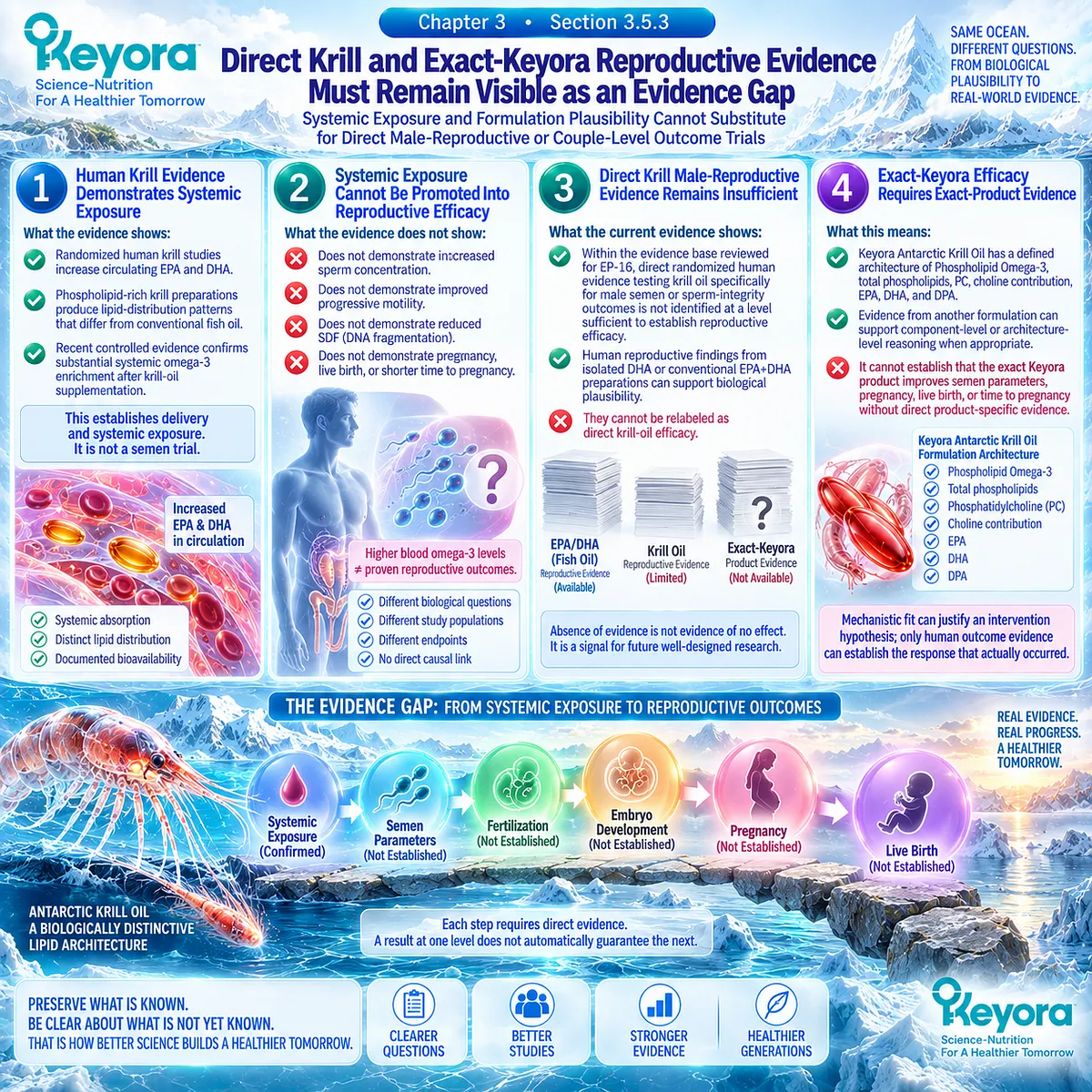 Phospholipid krill oil supports systemic EPA-DHA exposure, but male fertility and sperm outcomes need direct trials under Keyora Reproductive Evidence Hierarchy. Phospholipid krill oil supports systemic EPA-DHA exposure, but male fertility and sperm outcomes need direct trials under Keyora Reproductive Evidence Hierarchy.