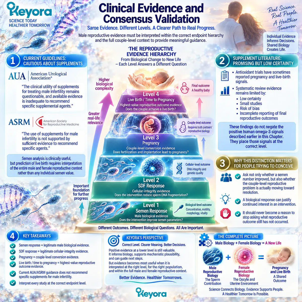 Male fertility evidence progresses from semen and sperm DNA responses to pregnancy and live birth, with Keyora Reproductive Evidence Hierarchy separating biological from couple-level outcomes. Male fertility evidence progresses from semen and sperm DNA responses to pregnancy and live birth, with Keyora Reproductive Evidence Hierarchy separating biological from couple-level outcomes.