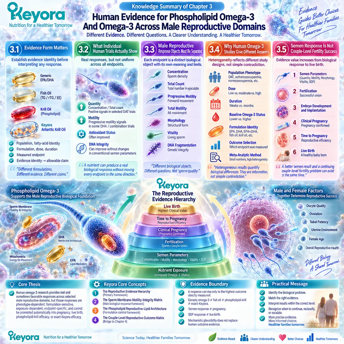 Human omega-3 male fertility evidence maps EPA-DHA, sperm count, motility and DNA integrity to outcome levels through Keyora Reproductive Evidence Hierarchy. Human omega-3 male fertility evidence maps EPA-DHA, sperm count, motility and DNA integrity to outcome levels through Keyora Reproductive Evidence Hierarchy.