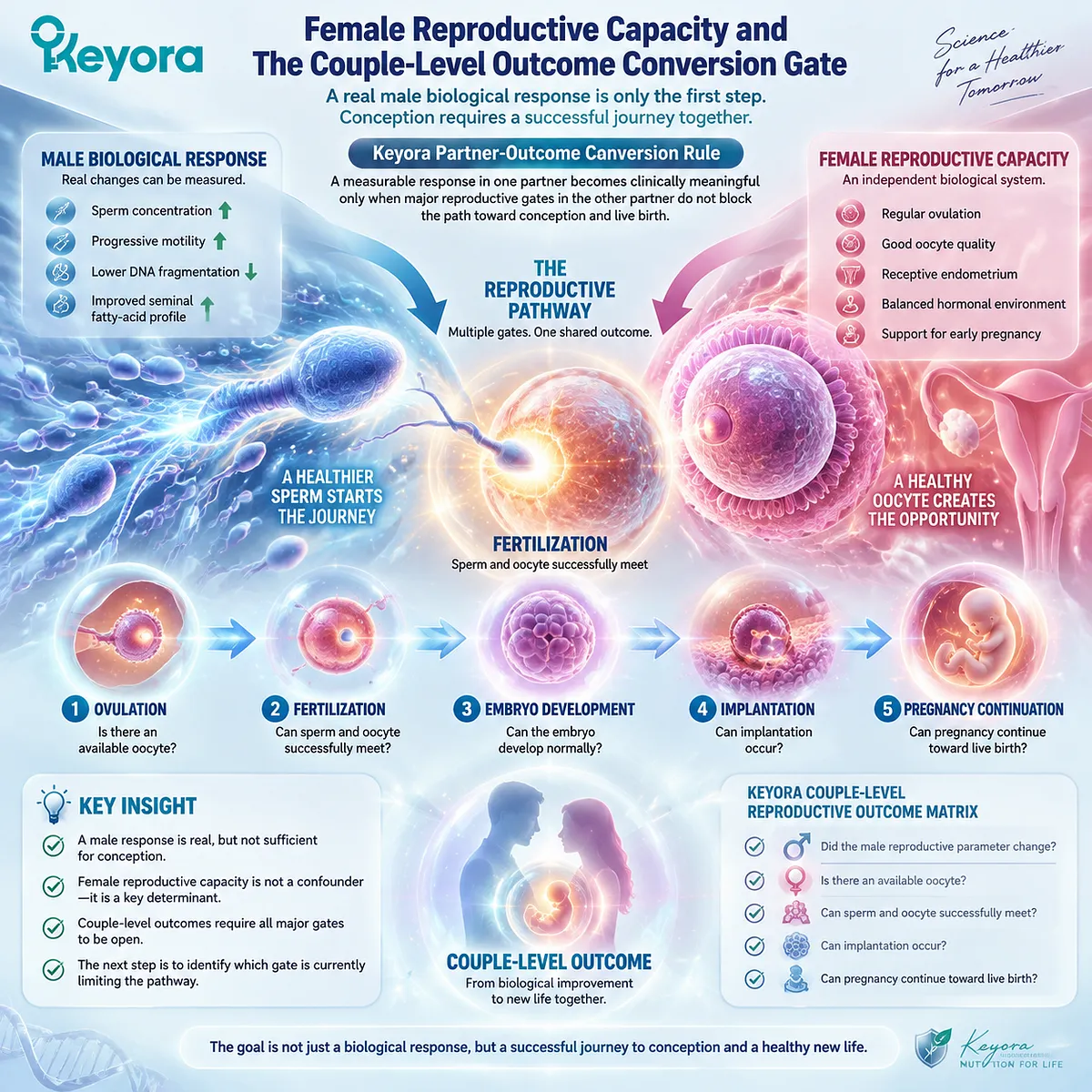 Male fertility improvement and female reproductive capacity connect through sperm response, oocyte availability, implantation potential and Keyora Partner-Outcome Conversion Rule within couple-level reproductive outcome mapping. Male fertility improvement and female reproductive capacity connect through sperm response, oocyte availability, implantation potential and Keyora Partner-Outcome Conversion Rule within couple-level reproductive outcome mapping.
