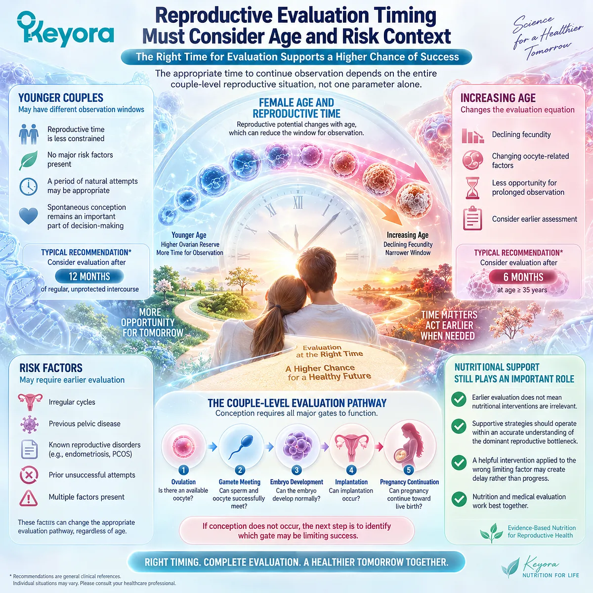 Fertility wellness evaluation timing depends on female age, reproductive risk context and biological bottlenecks, structured through the Keyora Partner-Outcome Conversion Rule framework. Fertility wellness evaluation timing depends on female age, reproductive risk context and biological bottlenecks, structured through the Keyora Partner-Outcome Conversion Rule framework.