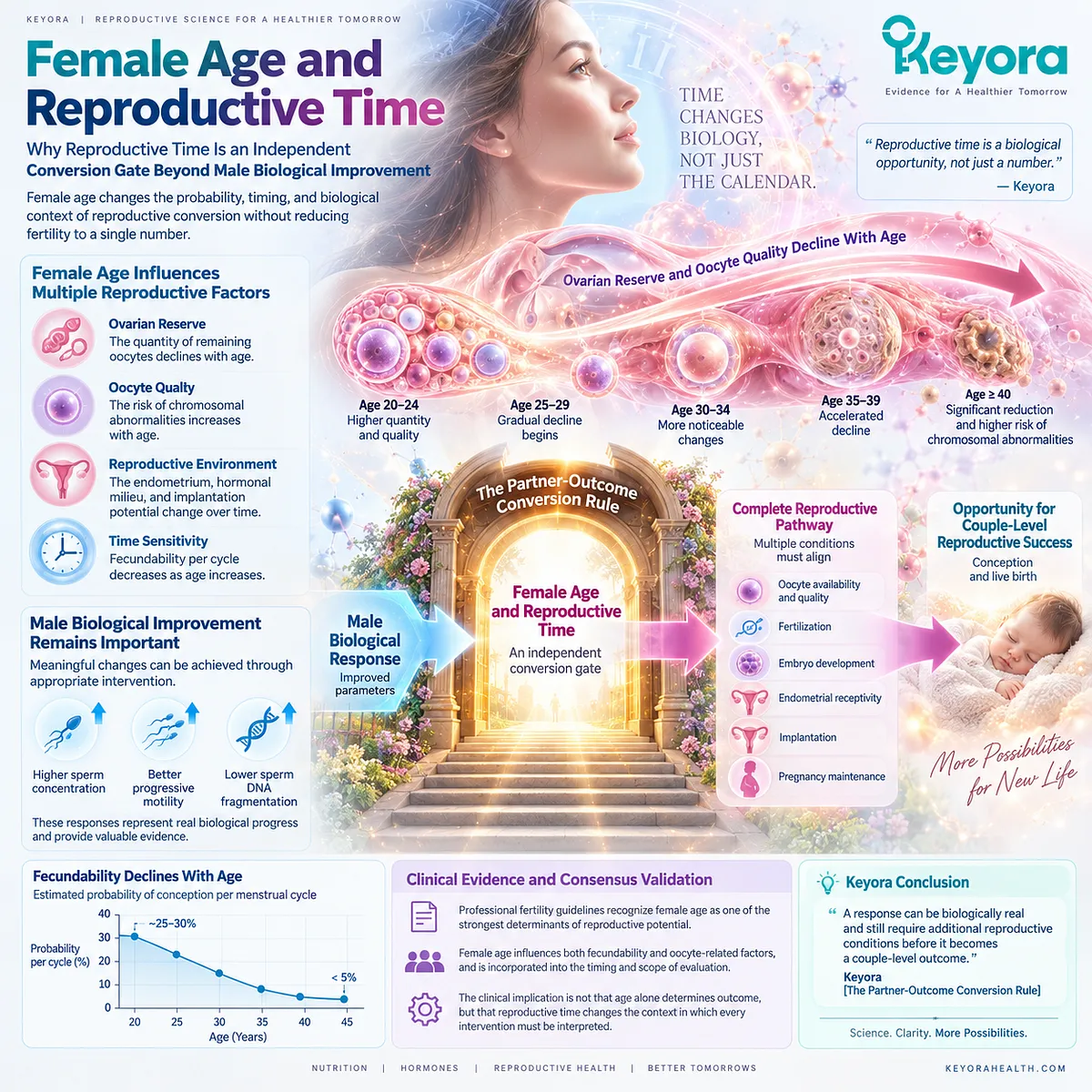 Female age shapes fertility potential through fecundability, oocyte-related factors and reproductive time, an independent gate in the Keyora Partner-Outcome Conversion Rule. Female age shapes fertility potential through fecundability, oocyte-related factors and reproductive time, an independent gate in the Keyora Partner-Outcome Conversion Rule.