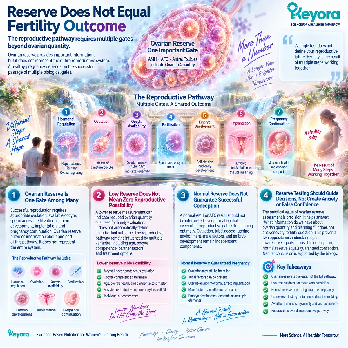 Ovarian reserve informs oocyte quantity but not fertility outcome, which also depends on ovulation, fertilization and implantation in the Keyora Female Reproductive Response Object Map. Ovarian reserve informs oocyte quantity but not fertility outcome, which also depends on ovulation, fertilization and implantation in the Keyora Female Reproductive Response Object Map.