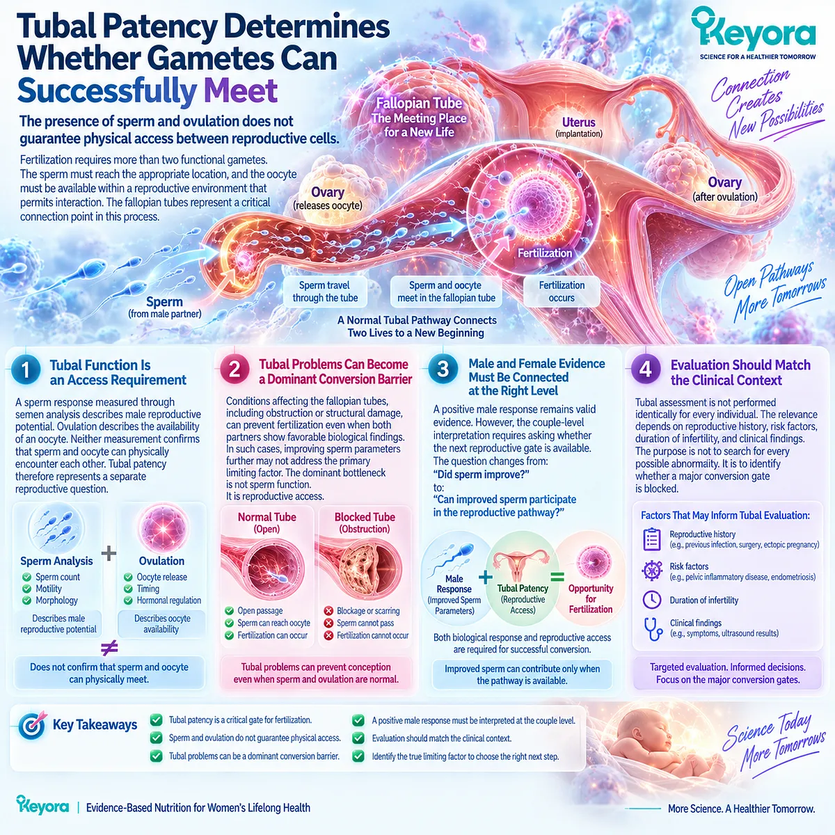 Tubal patency enables sperm and oocyte access for fertilization, making fallopian tube function an independent fertility gate in the Keyora Partner-Outcome Conversion Rule. Tubal patency enables sperm and oocyte access for fertilization, making fallopian tube function an independent fertility gate in the Keyora Partner-Outcome Conversion Rule.