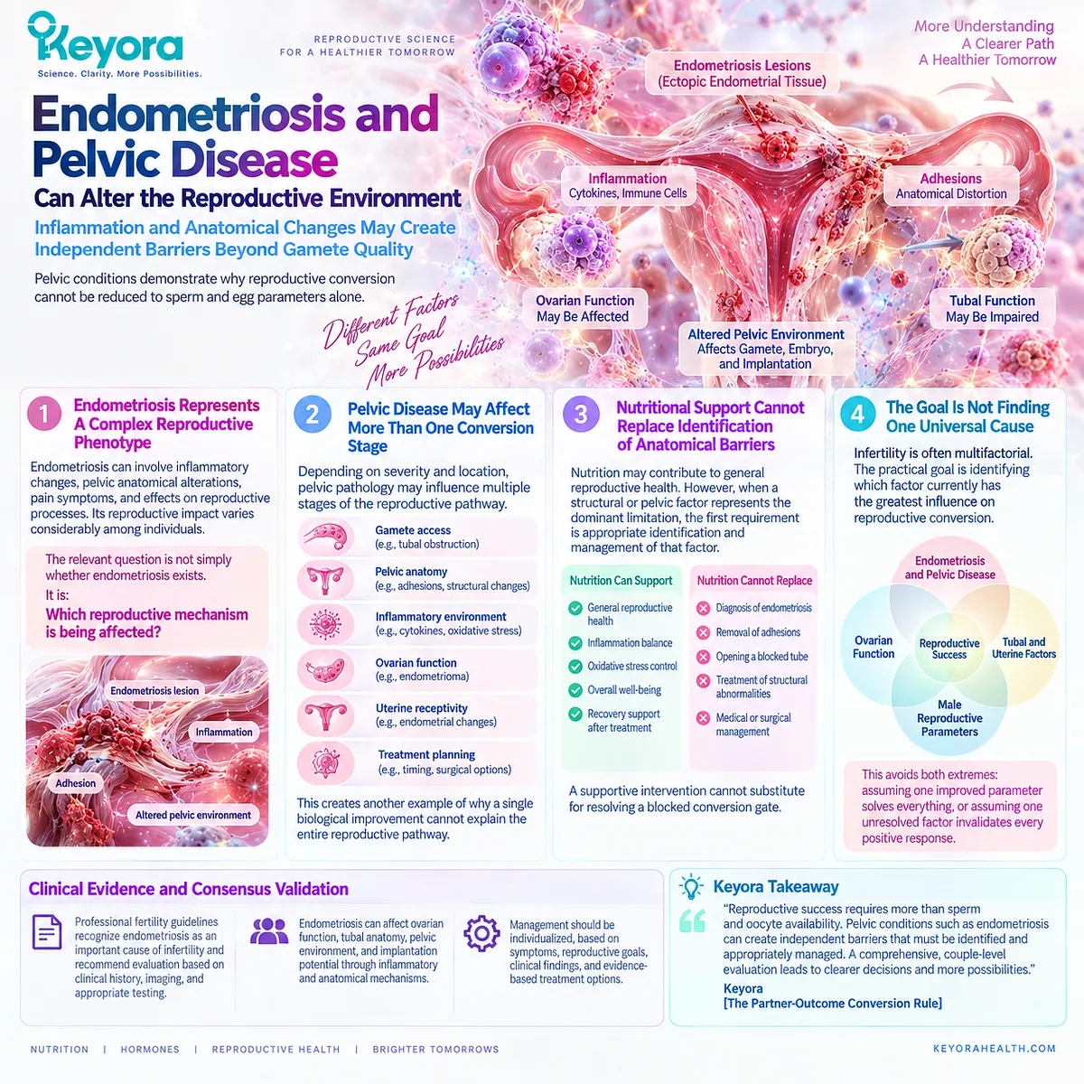 Endometriosis and pelvic disease may affect fertility through inflammation, anatomy and gamete access, mapped as independent gates by the Keyora Partner-Outcome Conversion Rule. Endometriosis and pelvic disease may affect fertility through inflammation, anatomy and gamete access, mapped as independent gates by the Keyora Partner-Outcome Conversion Rule.