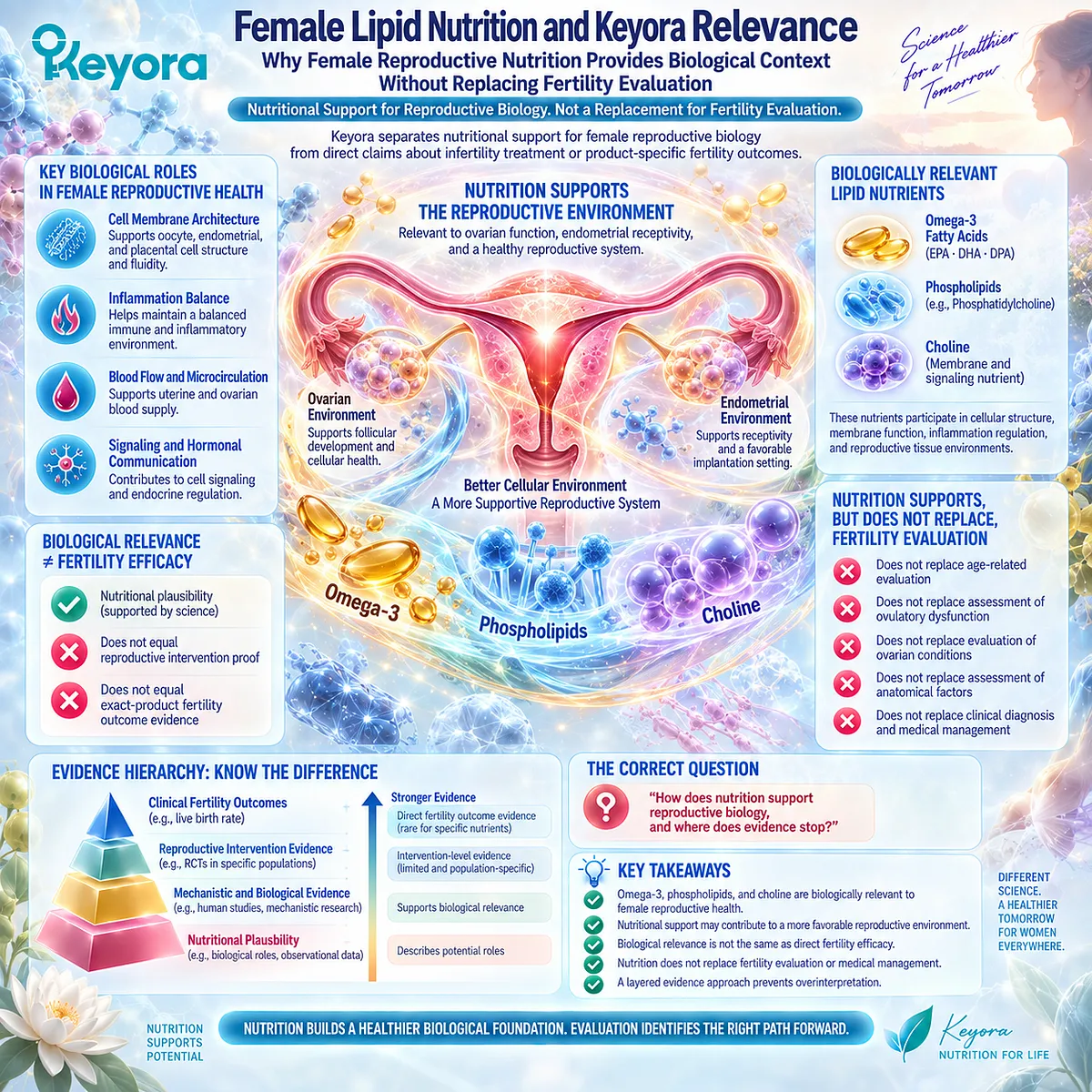 Female fertility nutrition links omega-3, phospholipids and choline with membrane function and inflammatory balance, framed by Keyora’s evidence hierarchy without replacing fertility evaluation. Female fertility nutrition links omega-3, phospholipids and choline with membrane function and inflammatory balance, framed by Keyora’s evidence hierarchy without replacing fertility evaluation.