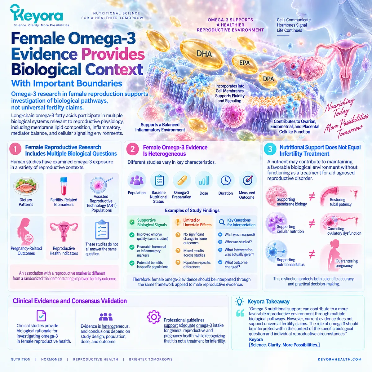 Omega-3 fertility nutrition supports membrane lipids, inflammatory balance and cellular signaling, while the Keyora evidence framework separates biological relevance from fertility outcomes. Omega-3 fertility nutrition supports membrane lipids, inflammatory balance and cellular signaling, while the Keyora evidence framework separates biological relevance from fertility outcomes.