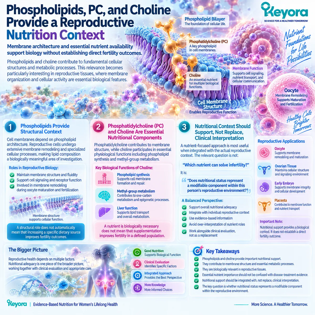 Female fertility nutrition links phospholipids, phosphatidylcholine and choline with membrane architecture and methyl metabolism within the Keyora reproductive nutrition framework. Female fertility nutrition links phospholipids, phosphatidylcholine and choline with membrane architecture and methyl metabolism within the Keyora reproductive nutrition framework.