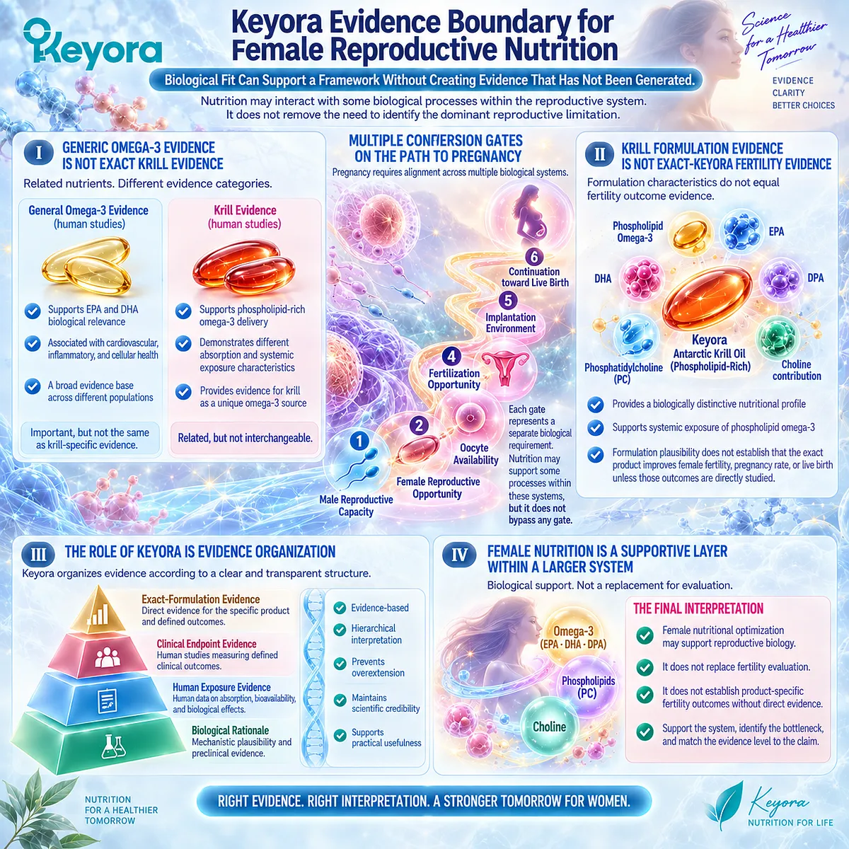 Female fertility nutrition links phospholipid omega-3, EPA, DHA, DPA and choline with reproductive biology while the Keyora evidence hierarchy separates mechanism from fertility outcomes. Female fertility nutrition links phospholipid omega-3, EPA, DHA, DPA and choline with reproductive biology while the Keyora evidence hierarchy separates mechanism from fertility outcomes.