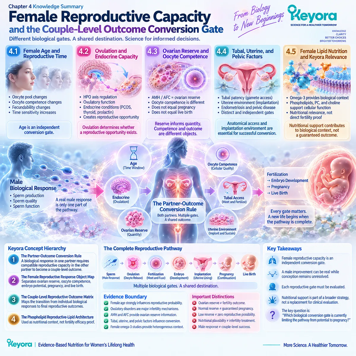 Couple fertility depends on female age, ovulation, oocyte competence, tubal access and implantation beyond sperm improvement, mapped by the Keyora Partner-Outcome Conversion Rule. Couple fertility depends on female age, ovulation, oocyte competence, tubal access and implantation beyond sperm improvement, mapped by the Keyora Partner-Outcome Conversion Rule.