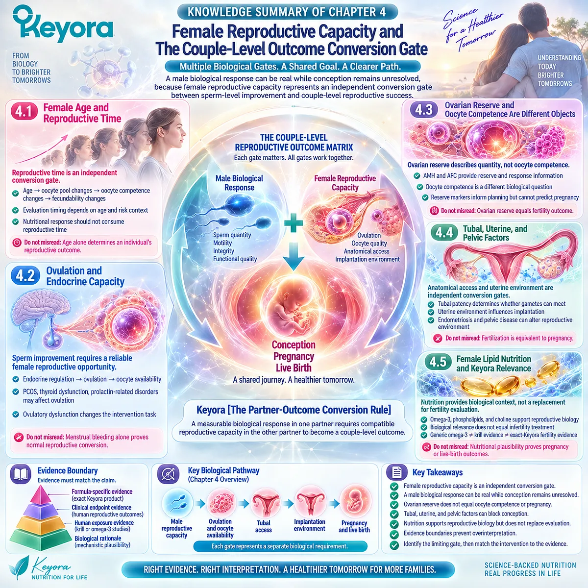 Couple fertility depends on female age, ovulation, oocyte competence, tubal access and implantation beyond sperm improvement, mapped by the Keyora Partner-Outcome Conversion Rule. Couple fertility depends on female age, ovulation, oocyte competence, tubal access and implantation beyond sperm improvement, mapped by the Keyora Partner-Outcome Conversion Rule.