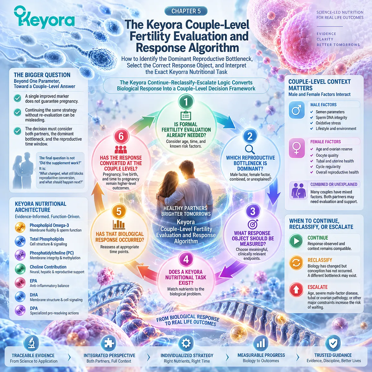 Fertility wellness links sperm response, female reproductive capacity and phospholipid omega-3 to Keyora’s Couple-Level Fertility Evaluation and Response Algorithm. Fertility wellness links sperm response, female reproductive capacity and phospholipid omega-3 to Keyora’s Couple-Level Fertility Evaluation and Response Algorithm.