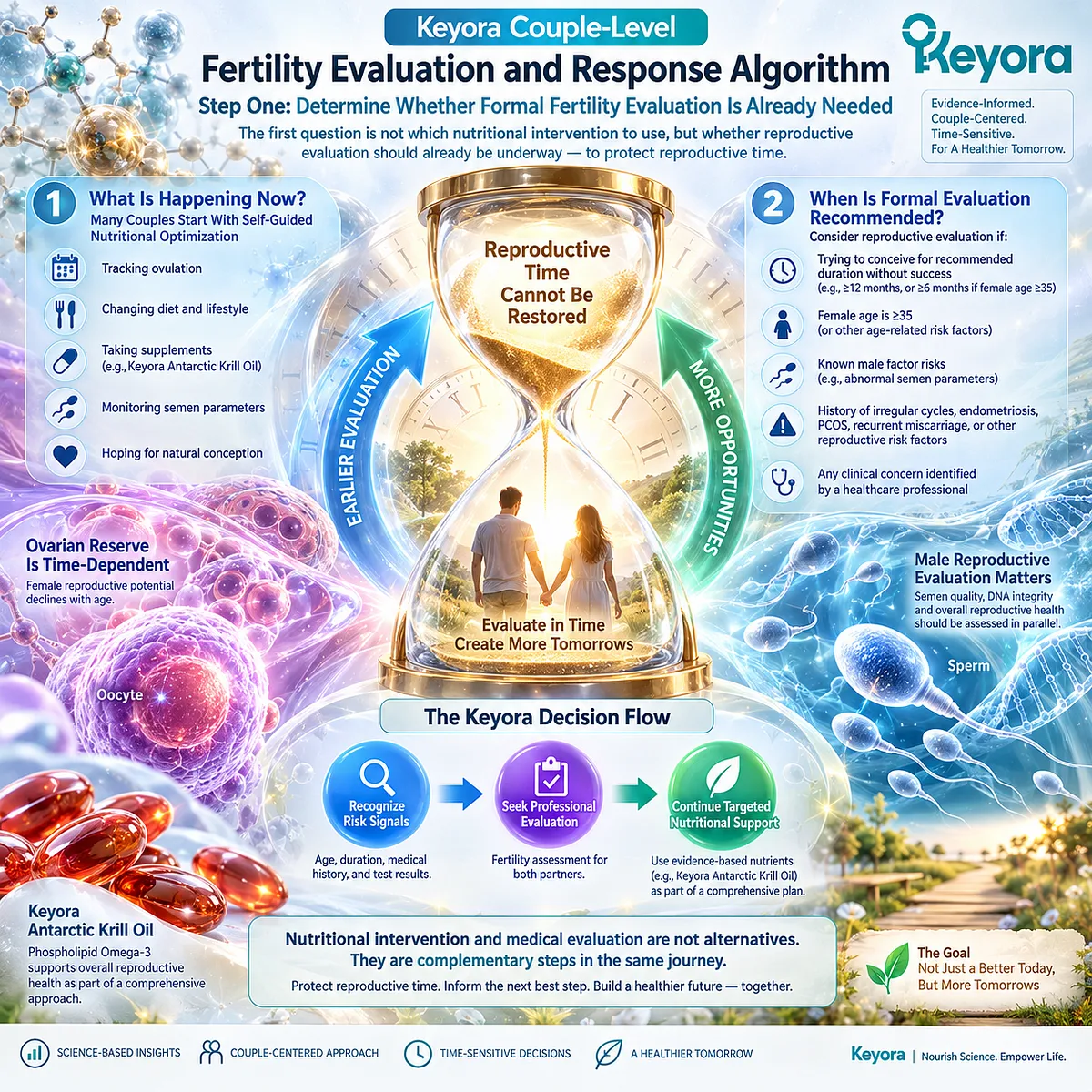 Fertility evaluation protects reproductive time before nutrition is interpreted, framing age and couple-level risk through Keyora’s Fertility Evaluation and Response Algorithm. Fertility evaluation protects reproductive time before nutrition is interpreted, framing age and couple-level risk through Keyora’s Fertility Evaluation and Response Algorithm.
