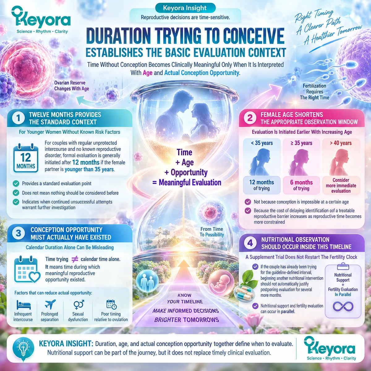 Fertility evaluation links time trying to conceive with female age and conception opportunity, mapped by Keyora’s Couple-Level Fertility Evaluation and Response Algorithm. Fertility evaluation links time trying to conceive with female age and conception opportunity, mapped by Keyora’s Couple-Level Fertility Evaluation and Response Algorithm.