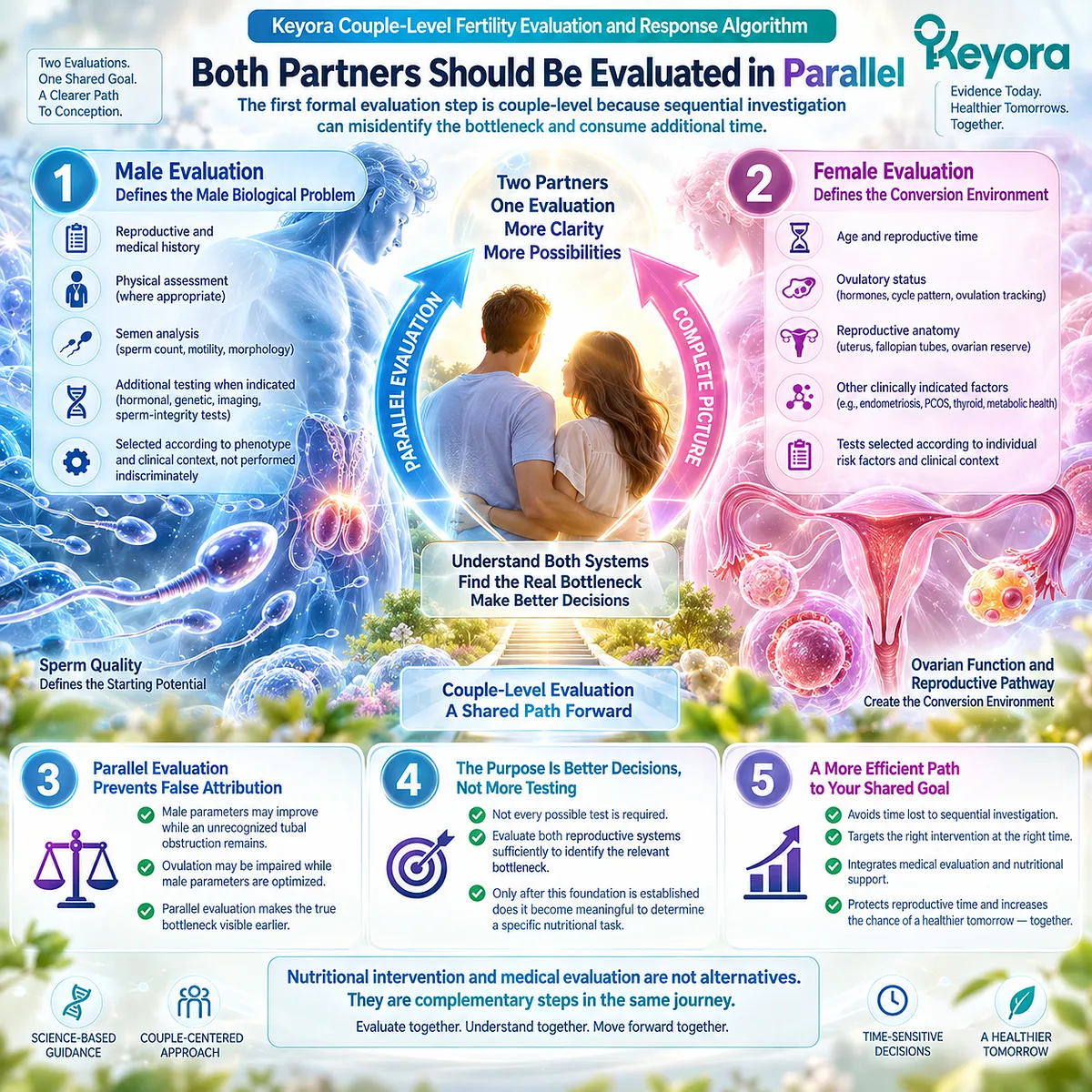 Fertility evaluation of both partners links semen analysis with ovulation and reproductive anatomy to identify bottlenecks in Keyora’s Couple-Level Fertility Evaluation and Response Algorithm. Fertility evaluation of both partners links semen analysis with ovulation and reproductive anatomy to identify bottlenecks in Keyora’s Couple-Level Fertility Evaluation and Response Algorithm.