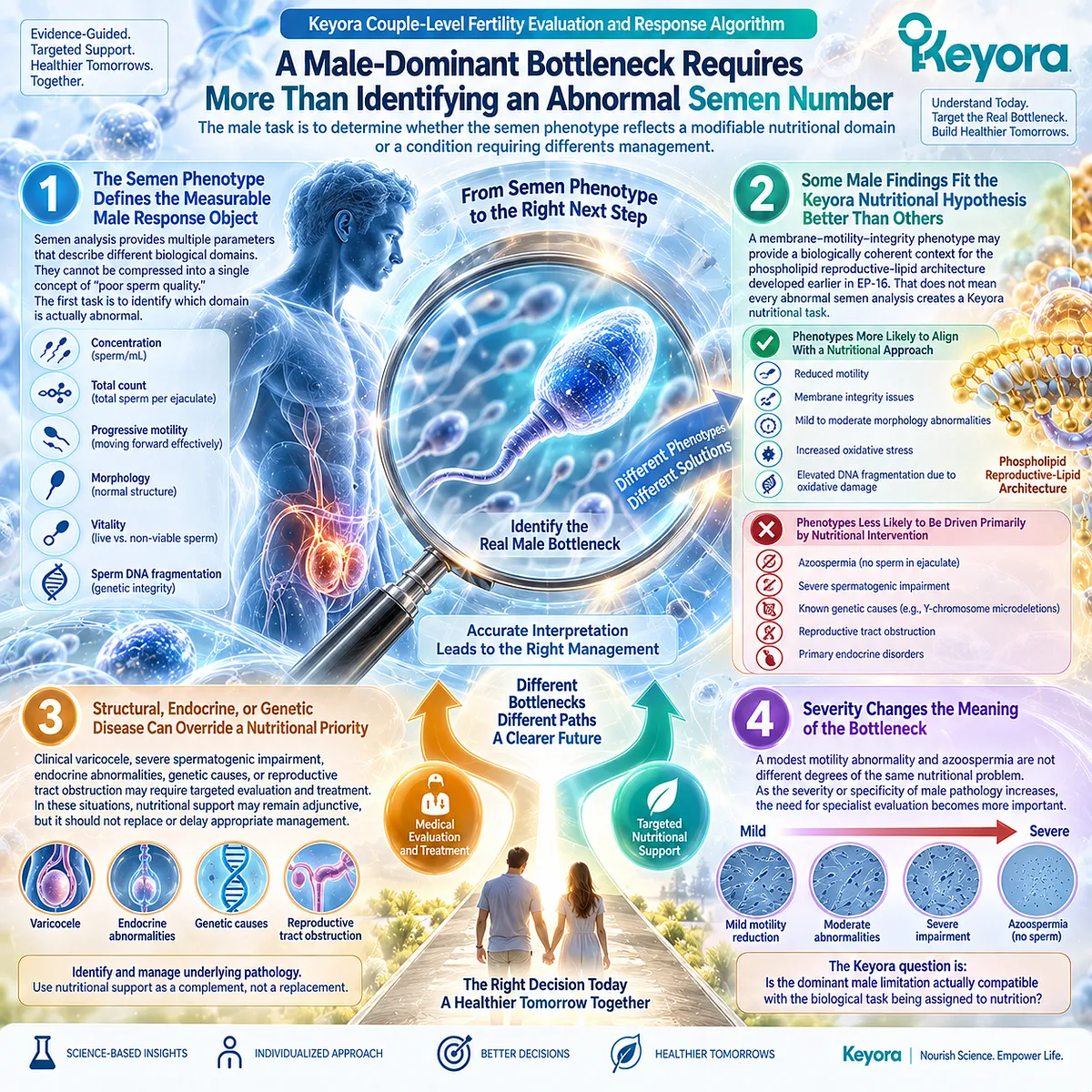 Male fertility wellness links semen phenotype, sperm motility and membrane integrity to a modifiable nutrition domain in Keyora’s Couple-Level Fertility Evaluation and Response Algorithm. Male fertility wellness links semen phenotype, sperm motility and membrane integrity to a modifiable nutrition domain in Keyora’s Couple-Level Fertility Evaluation and Response Algorithm.