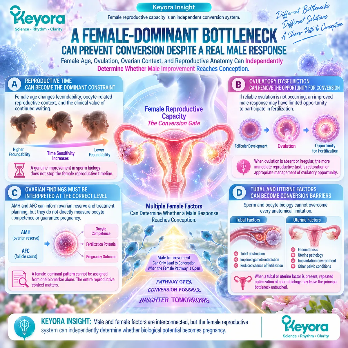 Female fertility wellness links age, ovulation, ovarian reserve and reproductive anatomy to the conversion gate in Keyora’s Couple-Level Fertility Evaluation and Response Algorithm. Female fertility wellness links age, ovulation, ovarian reserve and reproductive anatomy to the conversion gate in Keyora’s Couple-Level Fertility Evaluation and Response Algorithm.