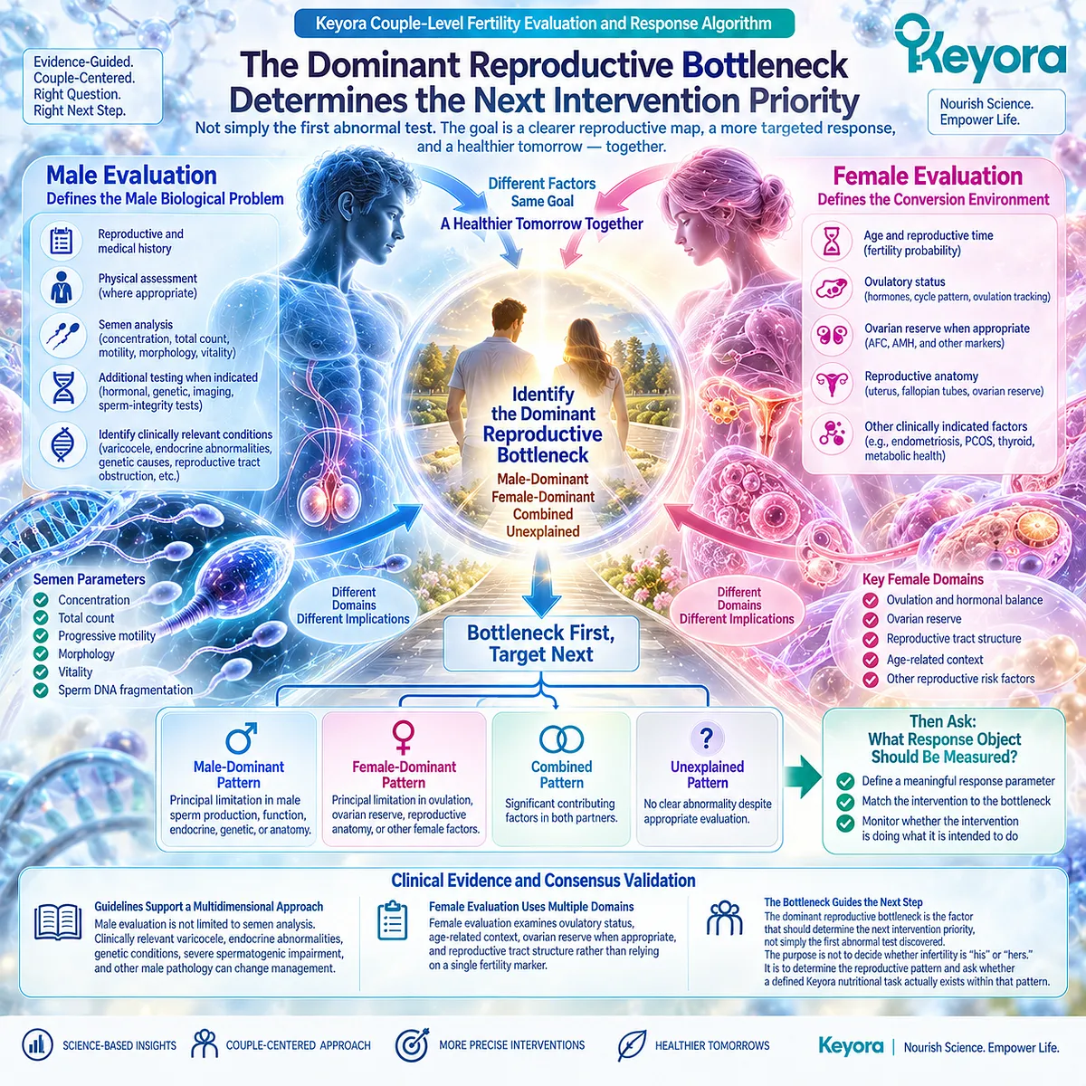 Fertility evaluation integrates semen, ovulation, ovarian and reproductive tract factors to identify the dominant bottleneck in Keyora’s Couple-Level Fertility Evaluation and Response Algorithm. Fertility evaluation integrates semen, ovulation, ovarian and reproductive tract factors to identify the dominant bottleneck in Keyora’s Couple-Level Fertility Evaluation and Response Algorithm.