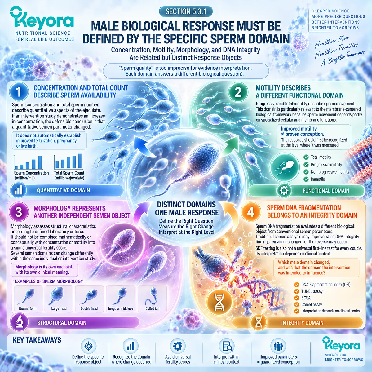 Male fertility wellness separates sperm count, motility, morphology and DNA fragmentation into distinct response objects within the Keyora Reproductive Evidence Hierarchy. Male fertility wellness separates sperm count, motility, morphology and DNA fragmentation into distinct response objects within the Keyora Reproductive Evidence Hierarchy.