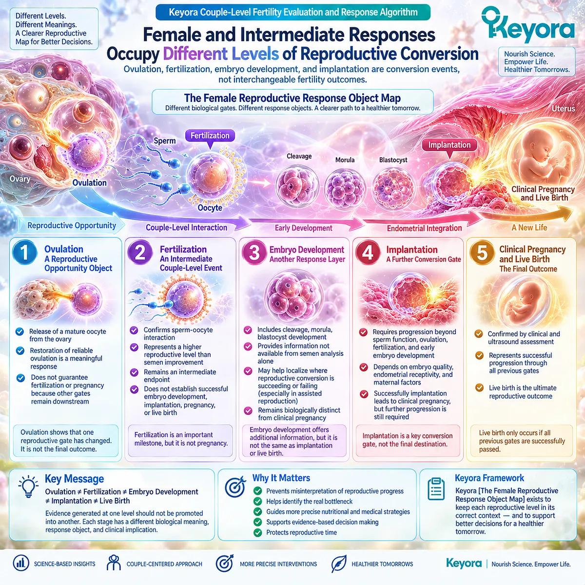 Female fertility wellness separates ovulation, fertilization, embryo development and implantation as sequential conversion gates in Keyora’s Female Reproductive Response Object Map. Female fertility wellness separates ovulation, fertilization, embryo development and implantation as sequential conversion gates in Keyora’s Female Reproductive Response Object Map.