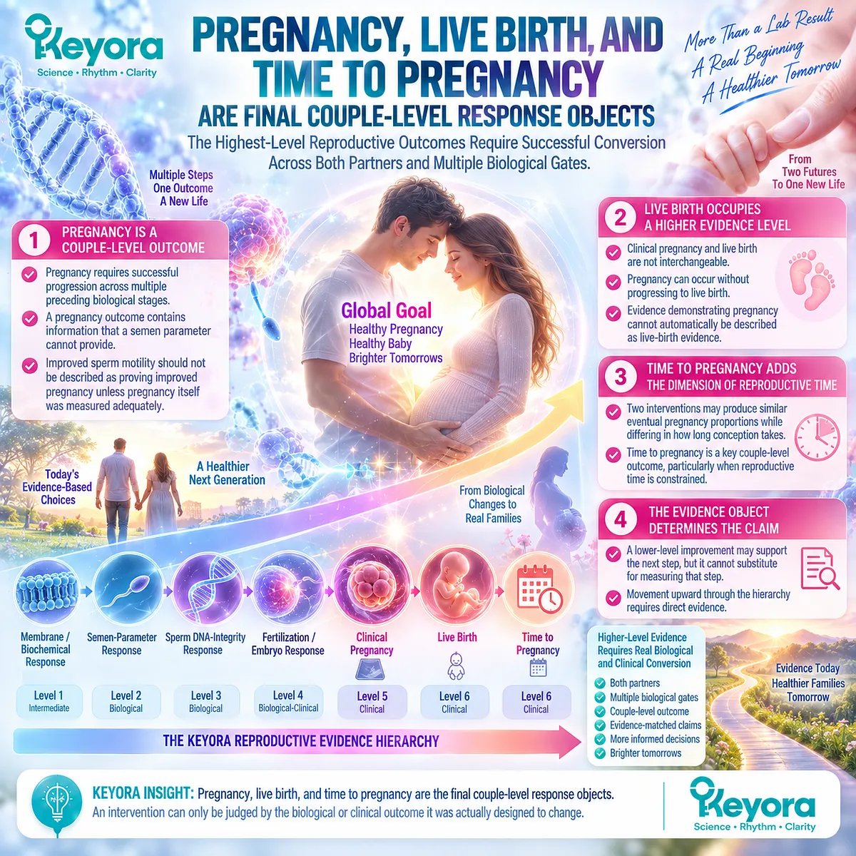 Fertility outcomes progress from sperm and embryo responses to pregnancy, live birth and time to pregnancy, mapped by the Keyora Reproductive Evidence Hierarchy. Fertility outcomes progress from sperm and embryo responses to pregnancy, live birth and time to pregnancy, mapped by the Keyora Reproductive Evidence Hierarchy.