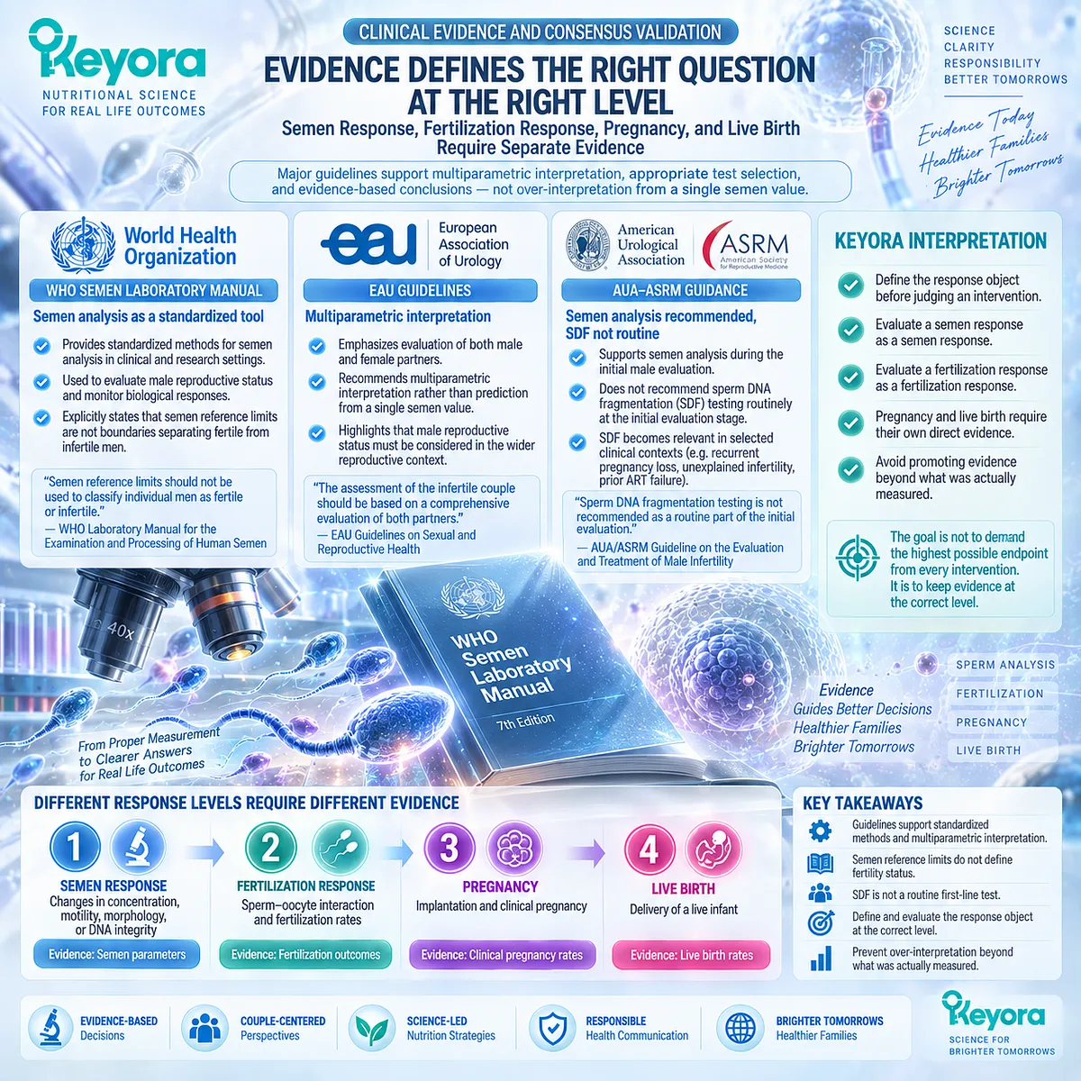 Male fertility evidence separates semen analysis, sperm DNA fragmentation and pregnancy outcomes by response level through the Keyora Reproductive Evidence Hierarchy. Male fertility evidence separates semen analysis, sperm DNA fragmentation and pregnancy outcomes by response level through the Keyora Reproductive Evidence Hierarchy.