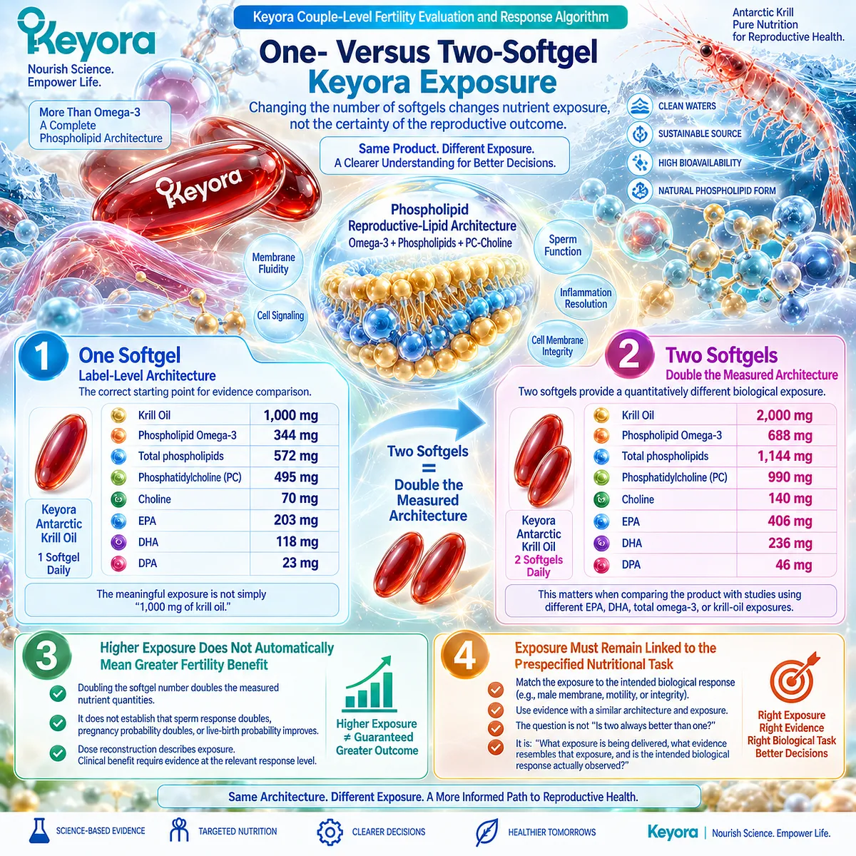 Krill oil fertility nutrition compares one versus two softgels by phospholipid omega-3, PC-choline, EPA, DHA and DPA exposure in Keyora’s Reproductive-Lipid Architecture. Krill oil fertility nutrition compares one versus two softgels by phospholipid omega-3, PC-choline, EPA, DHA and DPA exposure in Keyora’s Reproductive-Lipid Architecture.