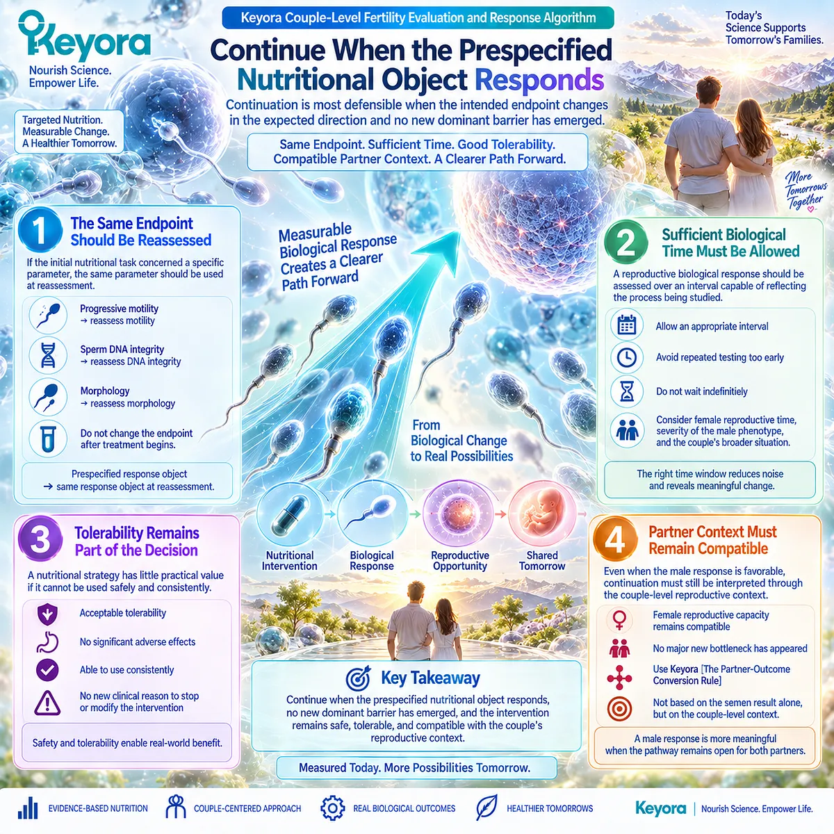 Male fertility support may continue when sperm motility or DNA integrity responds, tolerability is acceptable, and Keyora’s Partner-Outcome Conversion Rule remains compatible. Male fertility support may continue when sperm motility or DNA integrity responds, tolerability is acceptable, and Keyora’s Partner-Outcome Conversion Rule remains compatible.