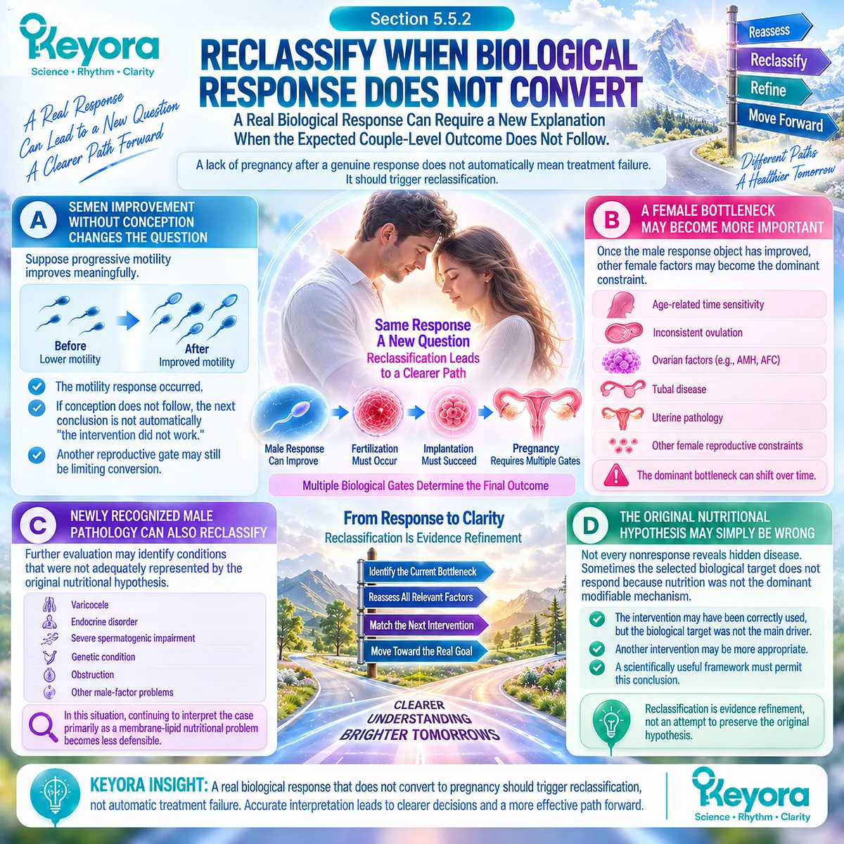 Fertility reclassification separates real sperm improvement from absent conception, remapping male and female bottlenecks through Keyora’s Couple-Level Fertility Evaluation and Response Algorithm. Fertility reclassification separates real sperm improvement from absent conception, remapping male and female bottlenecks through Keyora’s Couple-Level Fertility Evaluation and Response Algorithm.