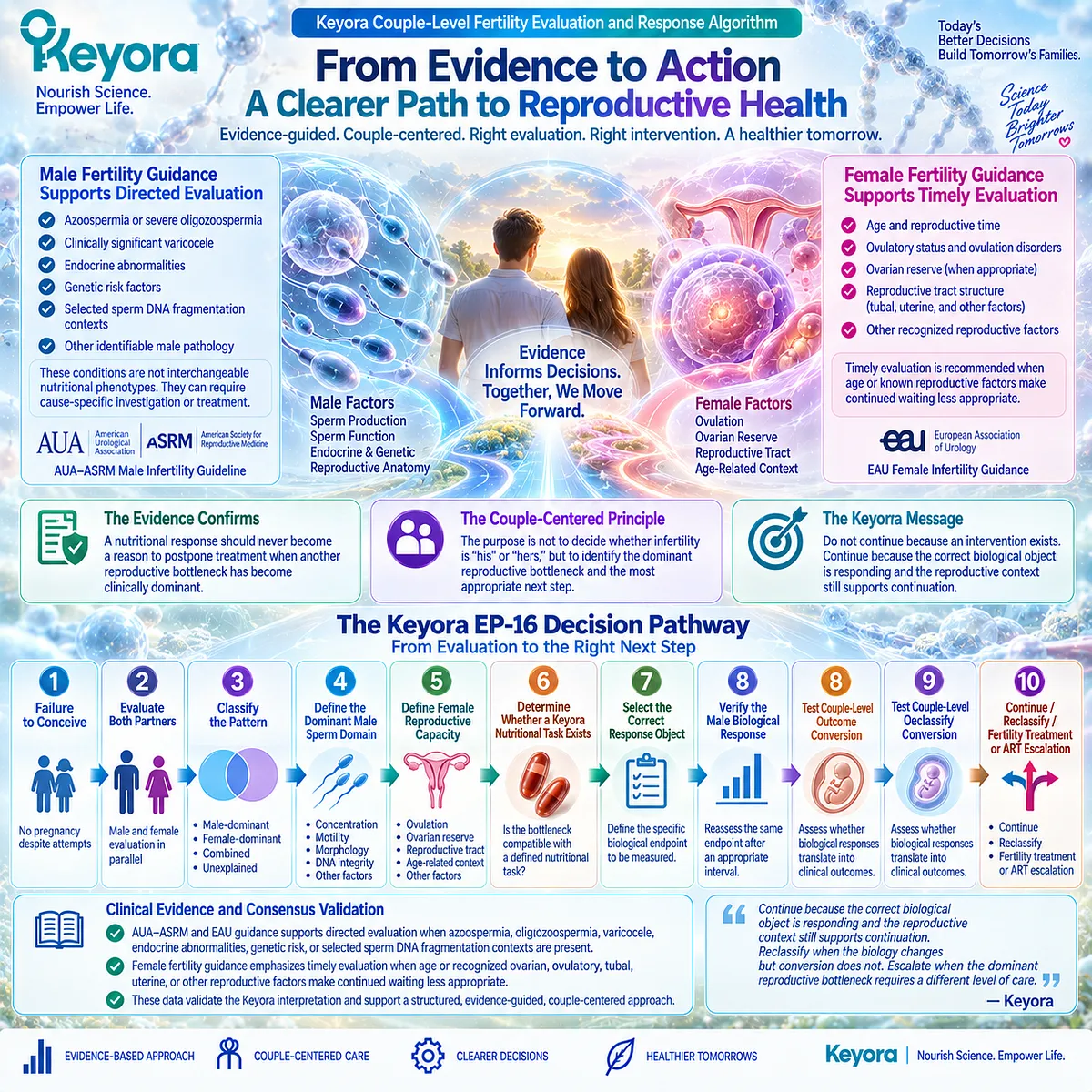 Fertility evaluation maps both partners, dominant bottlenecks and sperm response to continue, reclassify or ART escalation in Keyora’s Couple-Level Fertility Response Algorithm. Fertility evaluation maps both partners, dominant bottlenecks and sperm response to continue, reclassify or ART escalation in Keyora’s Couple-Level Fertility Response Algorithm.