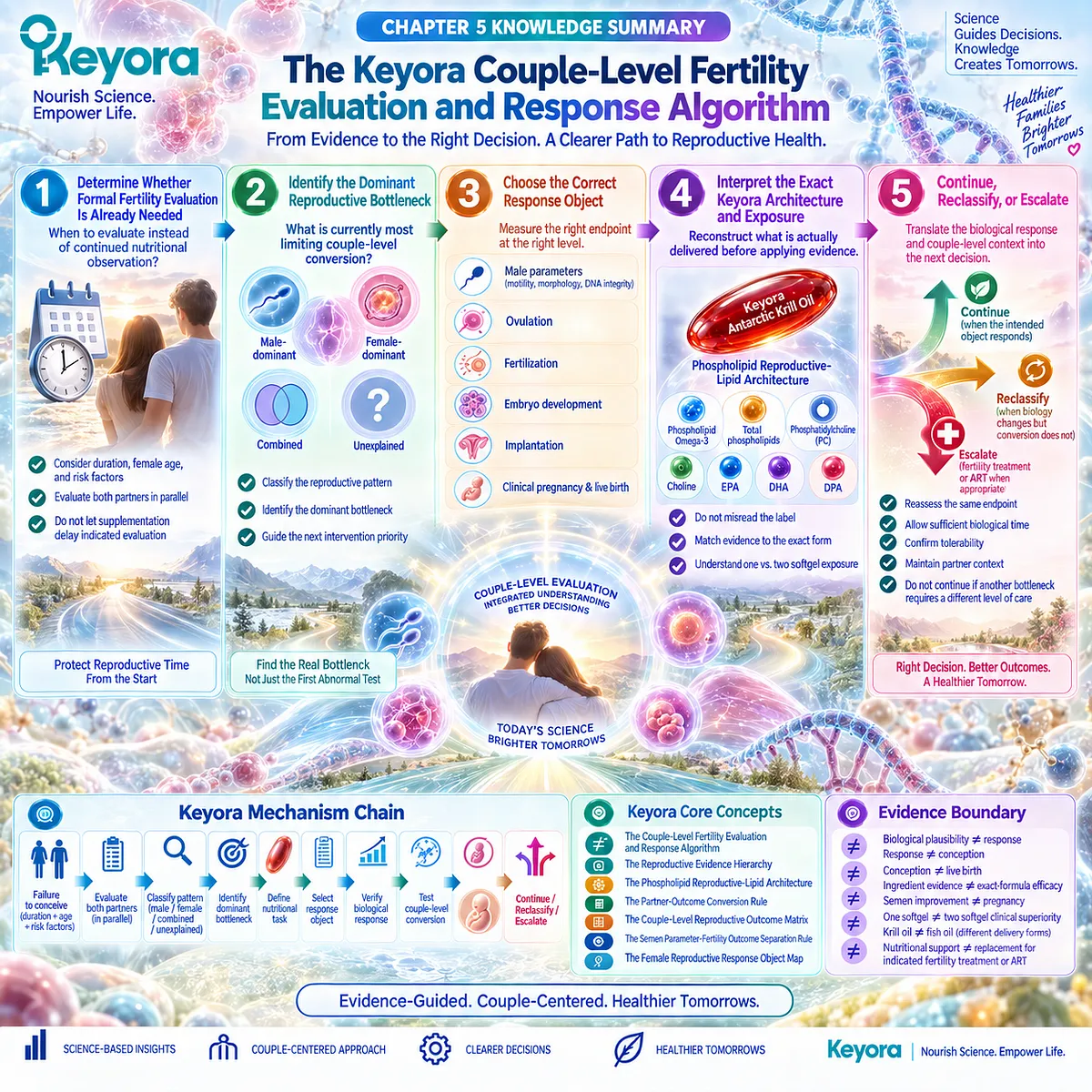 Fertility wellness integrates couple evaluation, reproductive bottlenecks, response objects and phospholipid omega-3 exposure in Keyora’s Couple-Level Fertility Evaluation and Response Algorithm. Fertility wellness integrates couple evaluation, reproductive bottlenecks, response objects and phospholipid omega-3 exposure in Keyora’s Couple-Level Fertility Evaluation and Response Algorithm.
