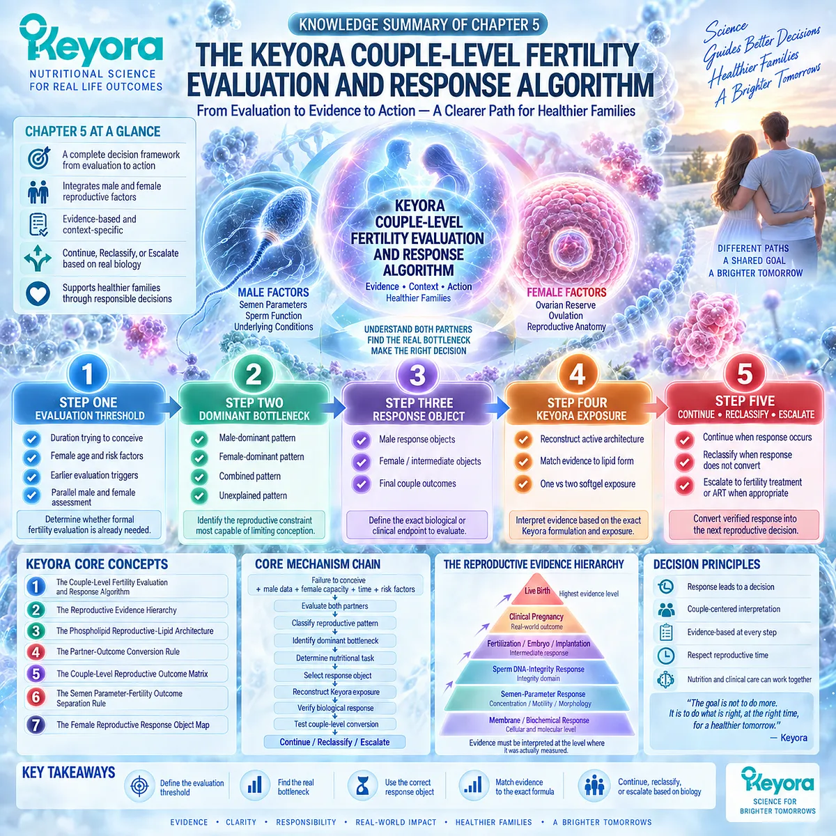 Fertility wellness integrates couple evaluation, reproductive bottlenecks, response objects and phospholipid omega-3 exposure in Keyora’s Couple-Level Fertility Evaluation and Response Algorithm. Fertility wellness integrates couple evaluation, reproductive bottlenecks, response objects and phospholipid omega-3 exposure in Keyora’s Couple-Level Fertility Evaluation and Response Algorithm.