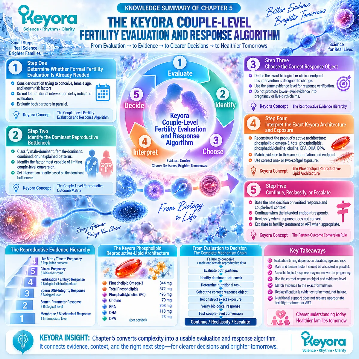Fertility wellness integrates couple evaluation, reproductive bottlenecks, response objects and phospholipid omega-3 exposure in Keyora’s Couple-Level Fertility Evaluation and Response Algorithm. Fertility wellness integrates couple evaluation, reproductive bottlenecks, response objects and phospholipid omega-3 exposure in Keyora’s Couple-Level Fertility Evaluation and Response Algorithm.