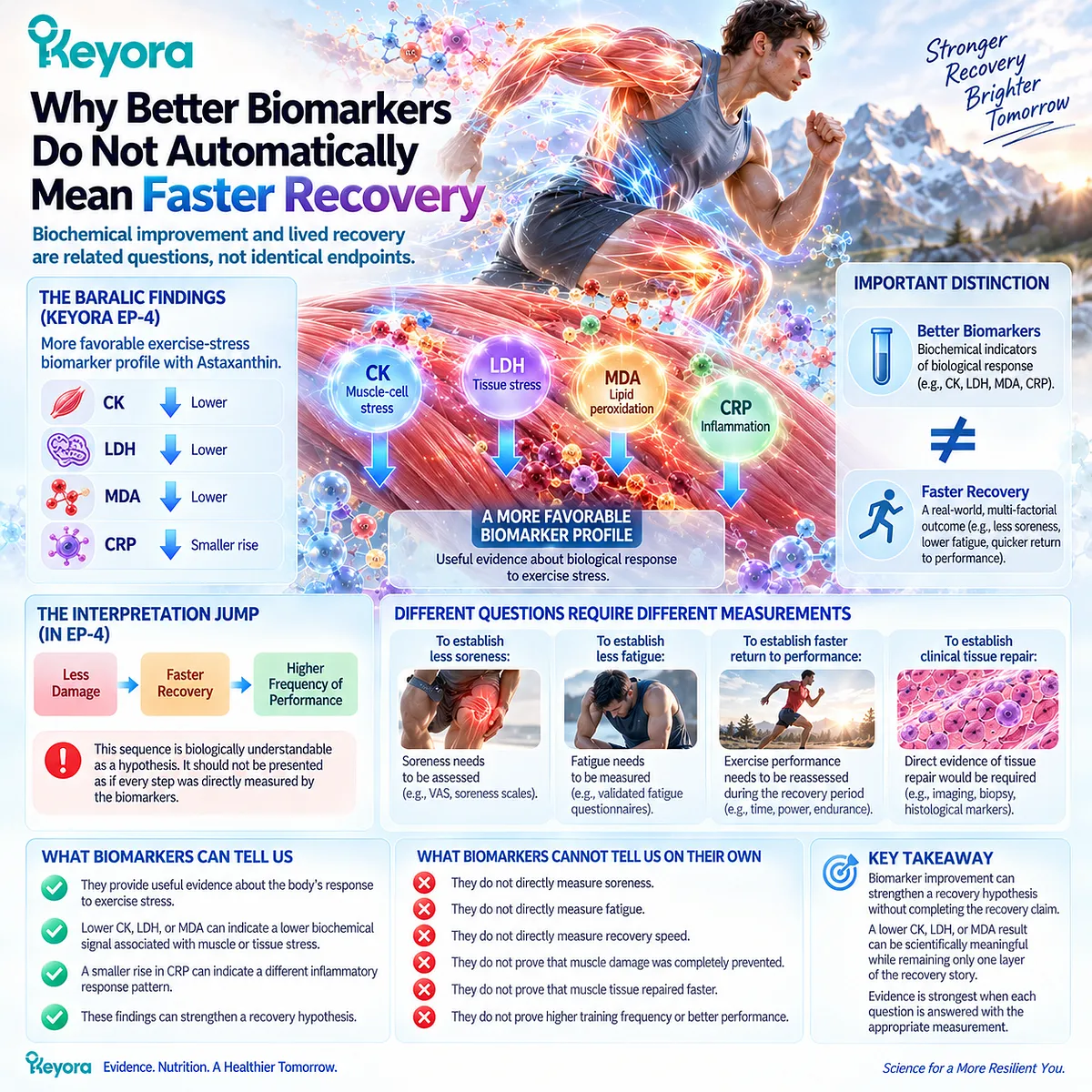 Lower CK, LDH, and MDA can indicate a favorable exercise-stress biomarker profile without proving faster recovery, refining the Keyora Astaxanthin EP-4 framework. Lower CK, LDH, and MDA can indicate a favorable exercise-stress biomarker profile without proving faster recovery, refining the Keyora Astaxanthin EP-4 framework.