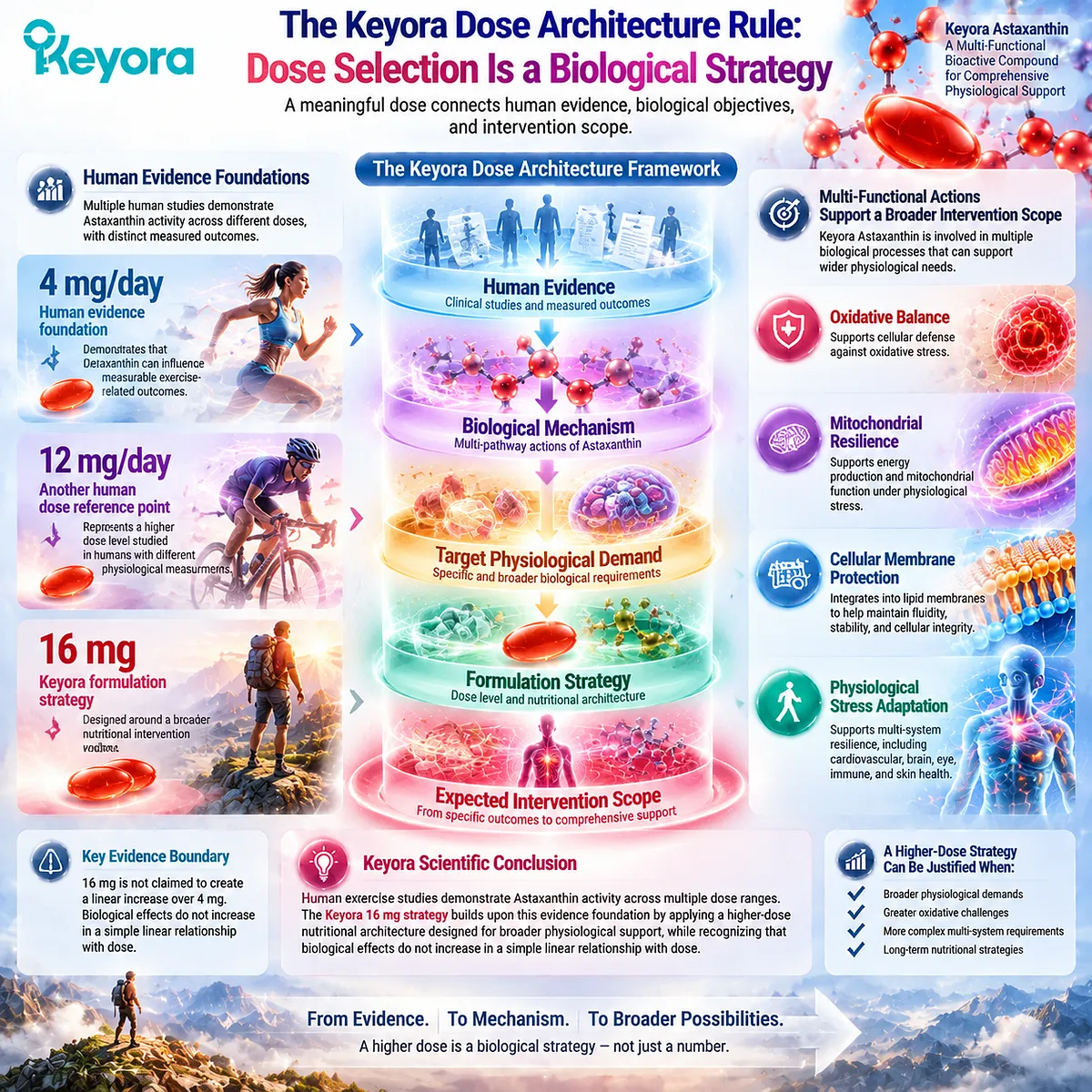 Astaxanthin dose selection integrates human evidence, biological mechanisms, and physiological demand through the Keyora Dose Architecture Rule and Astaxanthin Matrix framework. Astaxanthin dose selection integrates human evidence, biological mechanisms, and physiological demand through the Keyora Dose Architecture Rule and Astaxanthin Matrix framework.