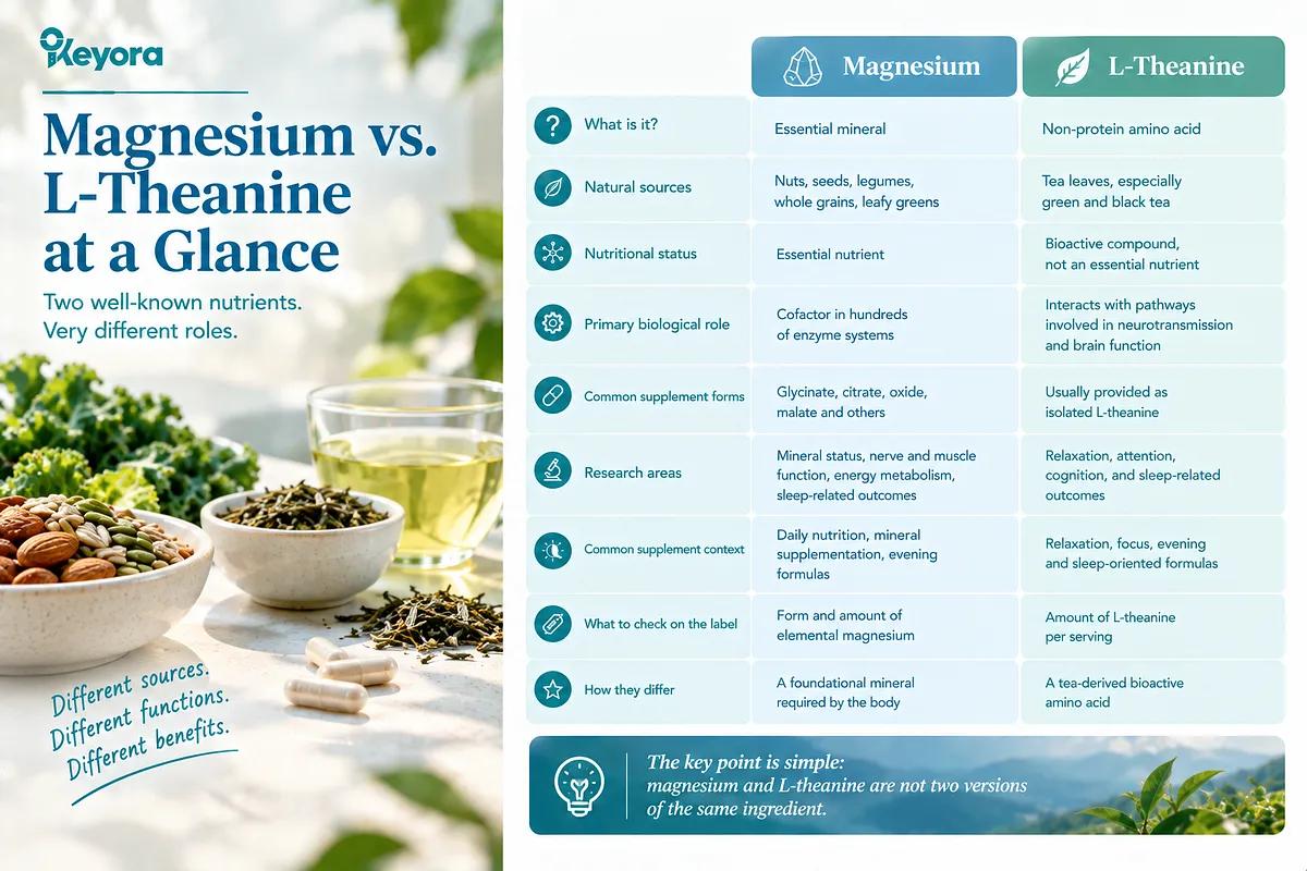 KEYORA comparative infographic titled "Magnesium vs. L-Theanine at a Glance", presenting a sunny table setting with a bowl of almonds and pumpkin seeds, a bowl of dry green tea leaves, a glass mug of green tea, and capsules. A detailed side-by-side comparison table contrasts Magnesium (an essential dietary mineral acting as a cofactor in hundreds of enzyme systems) with L-Theanine (a tea-derived non-protein bioactive amino acid interacting with neurotransmission pathways) across 9 dimensions including natural food sources, chemical forms, clinical research scopes, and label reading rules. KEYORA comparative infographic titled "Magnesium vs. L-Theanine at a Glance", presenting a sunny table setting with a bowl of almonds and pumpkin seeds, a bowl of dry green tea leaves, a glass mug of green tea, and capsules. A detailed side-by-side comparison table contrasts Magnesium (an essential dietary mineral acting as a cofactor in hundreds of enzyme systems) with L-Theanine (a tea-derived non-protein bioactive amino acid interacting with neurotransmission pathways) across 9 dimensions including natural food sources, chemical forms, clinical research scopes, and label reading rules.
