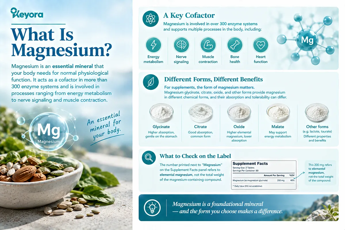 KEYORA nutritional guide titled "What Is Magnesium?", featuring a bowl of mixed magnesium-rich nuts and seeds alongside spinach leaves on a sunlit balcony. The diagram highlights magnesium's role as a vital enzymatic cofactor involved in over 300 enzyme systems supporting energy metabolism, nerve signaling, muscle contraction, bone health, and cardiac function. It compares common supplemental chemical forms (glycinate, citrate, oxide, malate) and provides a Supplement Facts panel example showing that 200 mg refers strictly to elemental magnesium rather than the gross compound weight. KEYORA nutritional guide titled "What Is Magnesium?", featuring a bowl of mixed magnesium-rich nuts and seeds alongside spinach leaves on a sunlit balcony. The diagram highlights magnesium's role as a vital enzymatic cofactor involved in over 300 enzyme systems supporting energy metabolism, nerve signaling, muscle contraction, bone health, and cardiac function. It compares common supplemental chemical forms (glycinate, citrate, oxide, malate) and provides a Supplement Facts panel example showing that 200 mg refers strictly to elemental magnesium rather than the gross compound weight.