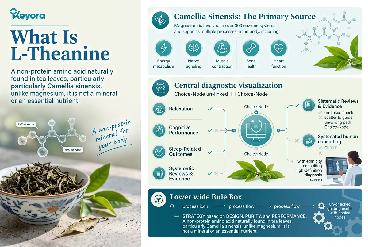 KEYORA amino acid educational infographic titled "What Is L-Theanine", displaying a ceramic bowl of dried loose tea leaves, fresh green tea foliage, and a 3D chemical molecular structure of the amino acid. It identifies Camellia sinensis as the primary natural source of this non-protein amino acid. A central clinical visualization outlines its researched roles in promoting relaxation, supporting cognitive performance, and aiding sleep-related outcomes across systematic reviews and clinical evaluations. KEYORA amino acid educational infographic titled "What Is L-Theanine", displaying a ceramic bowl of dried loose tea leaves, fresh green tea foliage, and a 3D chemical molecular structure of the amino acid. It identifies Camellia sinensis as the primary natural source of this non-protein amino acid. A central clinical visualization outlines its researched roles in promoting relaxation, supporting cognitive performance, and aiding sleep-related outcomes across systematic reviews and clinical evaluations.