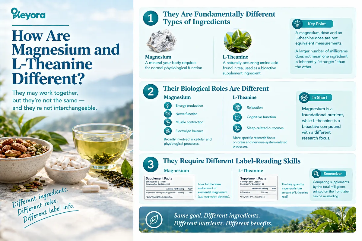KEYORA educational slide titled "How Are Magnesium and L-Theanine Different? They may work together, but they're not the same — and they're not interchangeable.". Set against a panoramic tea plantation and coastal mountain backdrop, the visual presents five core distinctions: foundational essential mineral vs. bioactive amino acid; distinct biological roles (cellular enzyme support vs. neurotransmission relaxation); personalized sleep benefits; chemical differentiation of magnesium glycinate; and the rationale behind multi-ingredient combination formulas. KEYORA educational slide titled "How Are Magnesium and L-Theanine Different? They may work together, but they're not the same — and they're not interchangeable.". Set against a panoramic tea plantation and coastal mountain backdrop, the visual presents five core distinctions: foundational essential mineral vs. bioactive amino acid; distinct biological roles (cellular enzyme support vs. neurotransmission relaxation); personalized sleep benefits; chemical differentiation of magnesium glycinate; and the rationale behind multi-ingredient combination formulas.