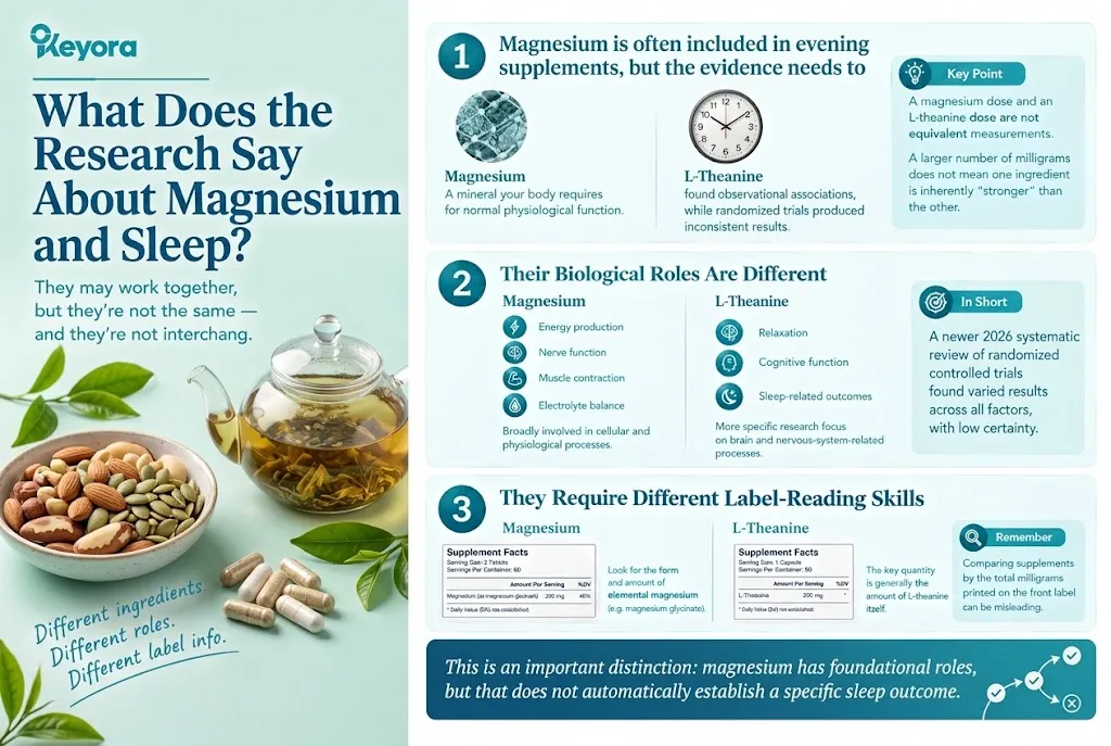 KEYORA clinical research review titled "What Does the Research Say About Magnesium and Sleep?", featuring a clear glass teapot with steeped tea leaves, raw almonds, and supplement capsules. It reviews human study data showing that while magnesium is essential for normal neuromuscular and electrolyte function, clinical trials evaluating sleep-specific outcomes report mixed findings. It reminds consumers to evaluate elemental dosage and chemical form (such as magnesium glycinate) when reading supplement labels. KEYORA clinical research review titled "What Does the Research Say About Magnesium and Sleep?", featuring a clear glass teapot with steeped tea leaves, raw almonds, and supplement capsules. It reviews human study data showing that while magnesium is essential for normal neuromuscular and electrolyte function, clinical trials evaluating sleep-specific outcomes report mixed findings. It reminds consumers to evaluate elemental dosage and chemical form (such as magnesium glycinate) when reading supplement labels.
