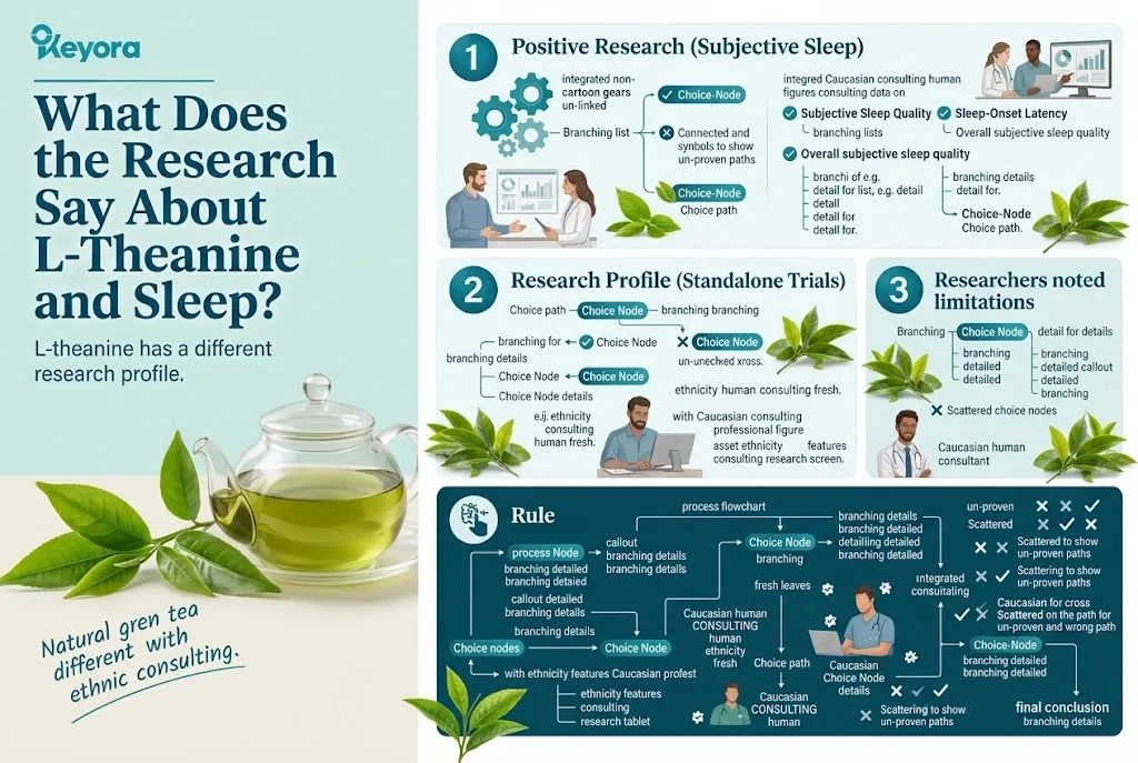 KEYORA clinical study review slide titled "What Does the Research Say About L-Theanine and Sleep?", displaying fresh green tea leaves, a glass teapot, and clinical trial consultation graphics. It breaks down human research into three key areas: positive subjective sleep quality and sleep-onset latency data; clinical profiles from standalone trials investigating calm wakefulness; and research methodology notes regarding individual variability and study sample sizes. KEYORA clinical study review slide titled "What Does the Research Say About L-Theanine and Sleep?", displaying fresh green tea leaves, a glass teapot, and clinical trial consultation graphics. It breaks down human research into three key areas: positive subjective sleep quality and sleep-onset latency data; clinical profiles from standalone trials investigating calm wakefulness; and research methodology notes regarding individual variability and study sample sizes.