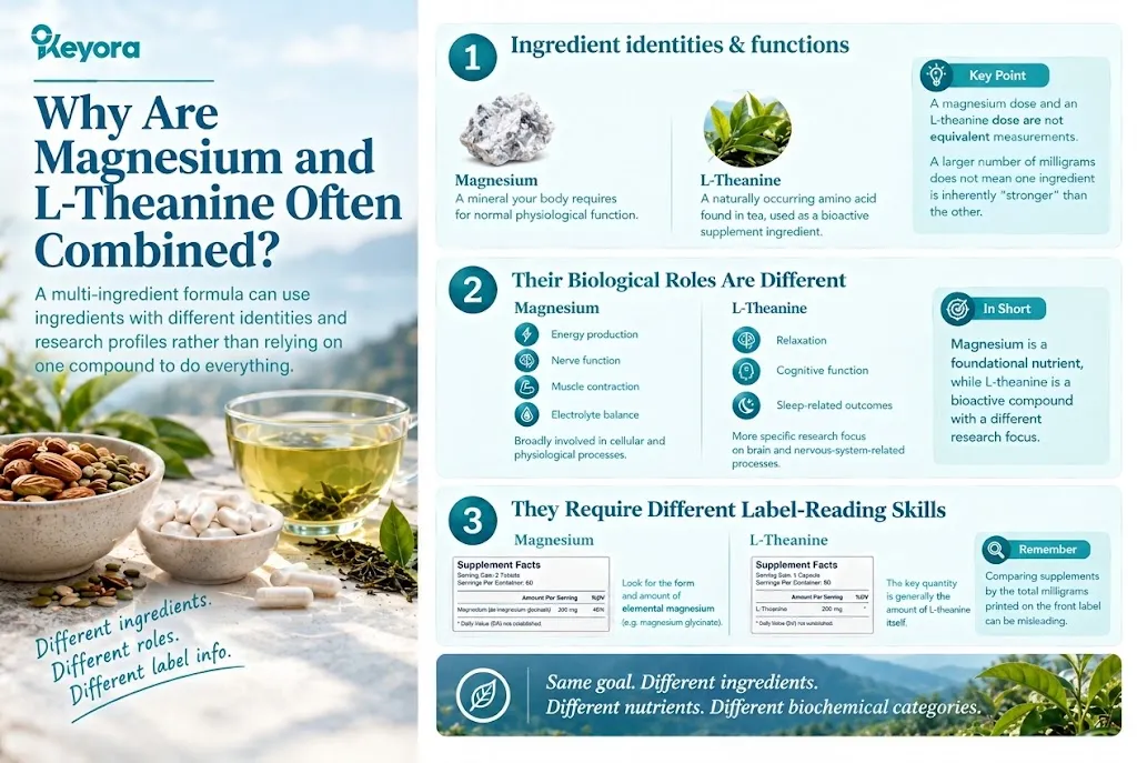 KEYORA formulation synergy infographic titled "Why Are Magnesium and L-Theanine Often Combined?", set against a serene wellness backdrop with nuts, tea, and capsules. It breaks down the complementary pairing: magnesium handles foundational physiological functions (cellular energy, nerve signaling, muscle relaxation, electrolyte balance) while L-theanine provides targeted cognitive and neurological calming support (relaxation, mental focus, sleep support). KEYORA formulation synergy infographic titled "Why Are Magnesium and L-Theanine Often Combined?", set against a serene wellness backdrop with nuts, tea, and capsules. It breaks down the complementary pairing: magnesium handles foundational physiological functions (cellular energy, nerve signaling, muscle relaxation, electrolyte balance) while L-theanine provides targeted cognitive and neurological calming support (relaxation, mental focus, sleep support).