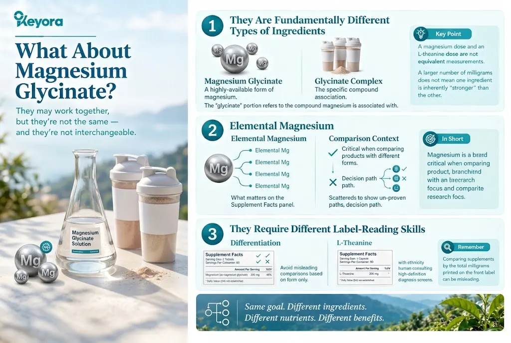 KEYORA chemical differentiation guide titled "What About Magnesium Glycinate? They may work together, but they're not the same — and they're not interchangeable.". The visual displays a laboratory flask labeled "Magnesium Glycinate Solution", shaker bottles, and elemental magnesium spheres. It clarifies three key concepts: glycinate is a chelated mineral form where magnesium is bound to glycine; elemental magnesium content must be distinguished from the total compound weight; and reading magnesium glycinate labels requires checking elemental yield rather than equating it to L-theanine. KEYORA chemical differentiation guide titled "What About Magnesium Glycinate? They may work together, but they're not the same — and they're not interchangeable.". The visual displays a laboratory flask labeled "Magnesium Glycinate Solution", shaker bottles, and elemental magnesium spheres. It clarifies three key concepts: glycinate is a chelated mineral form where magnesium is bound to glycine; elemental magnesium content must be distinguished from the total compound weight; and reading magnesium glycinate labels requires checking elemental yield rather than equating it to L-theanine.